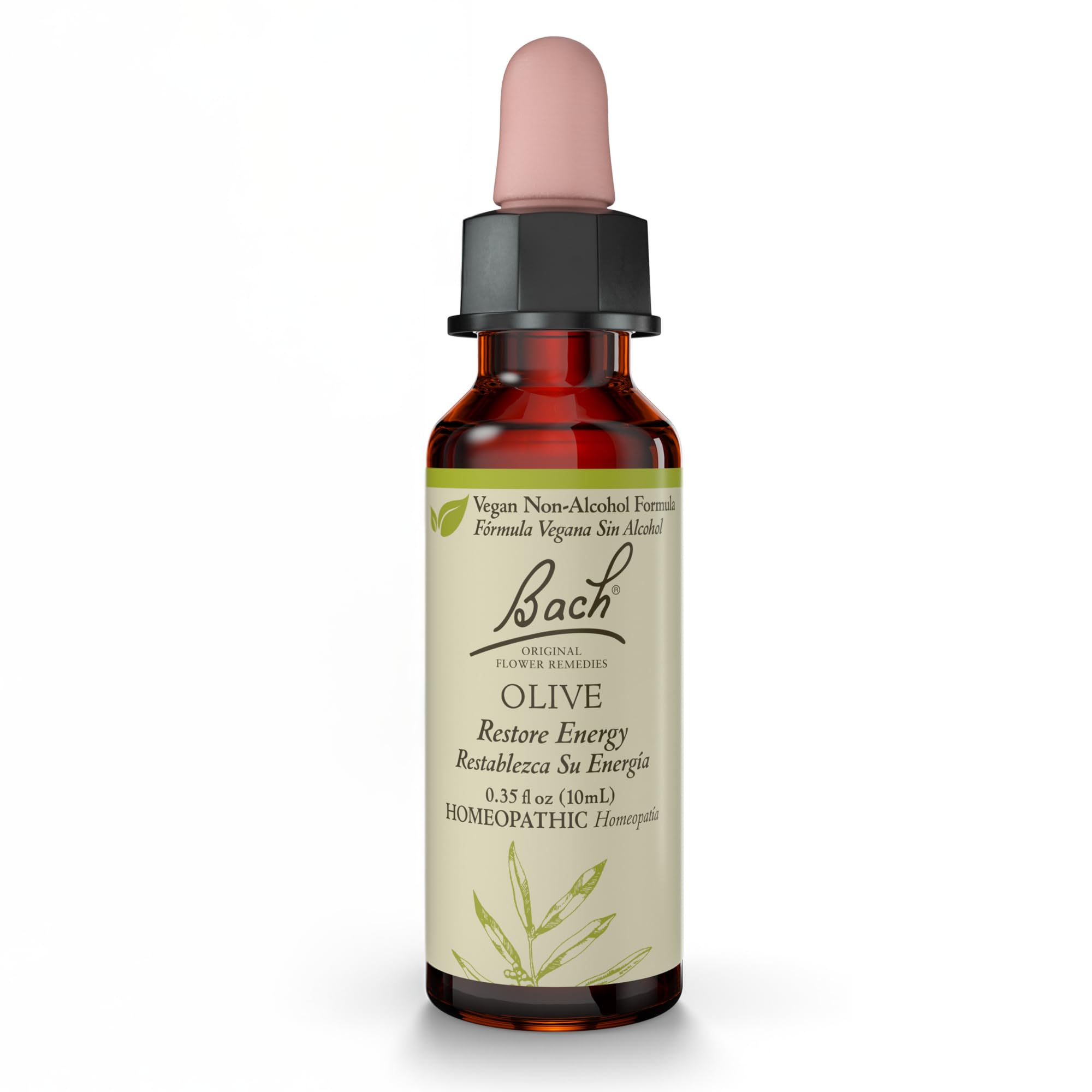 Bach Olive bottle close-up showing non-alcohol formula for energy support