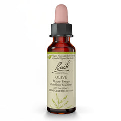 Bach Olive bottle close-up showing non-alcohol formula for energy support