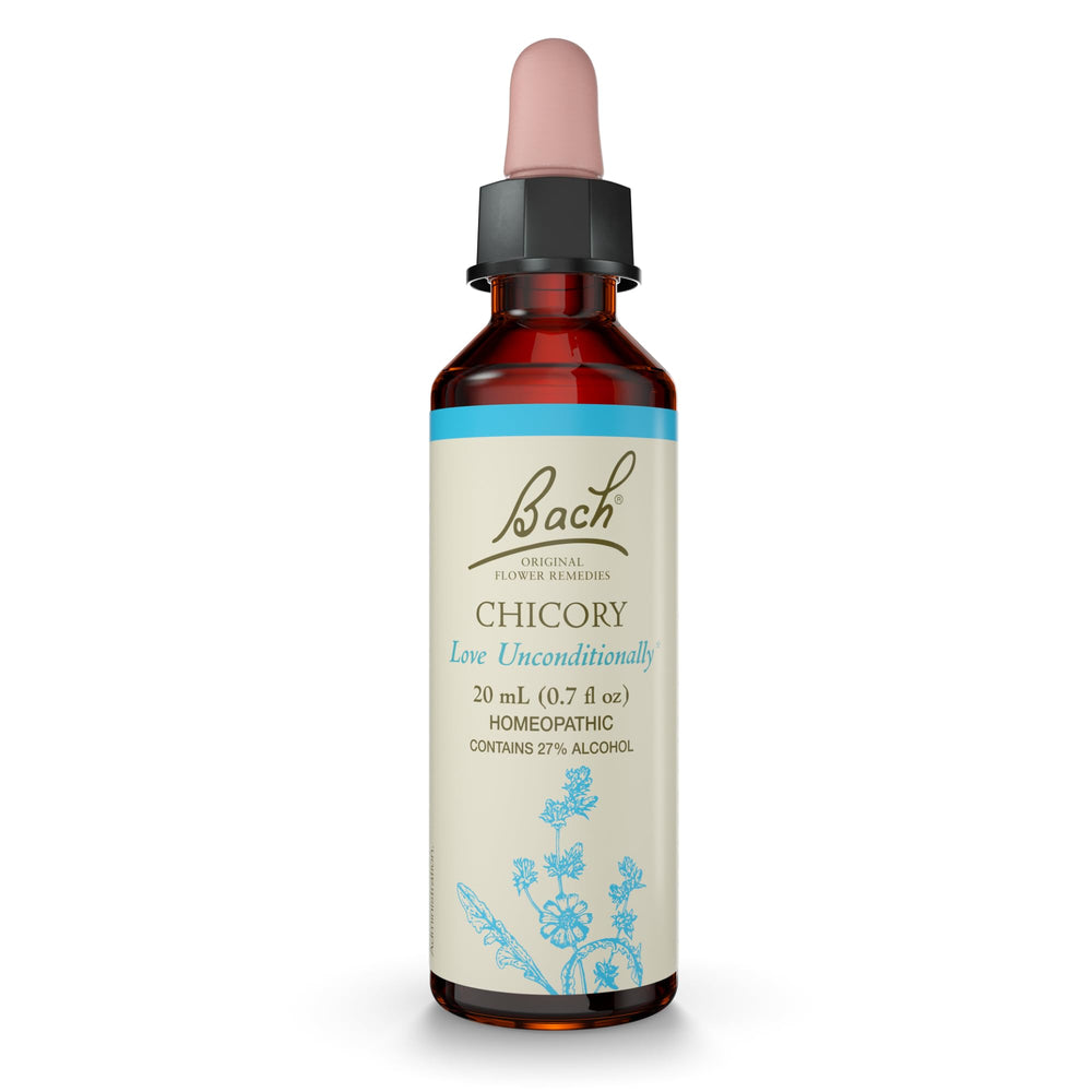 Bach Chicory flower remedy bottle closeup highlighting emotional balance