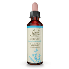 Bach Chicory flower remedy bottle closeup highlighting emotional balance