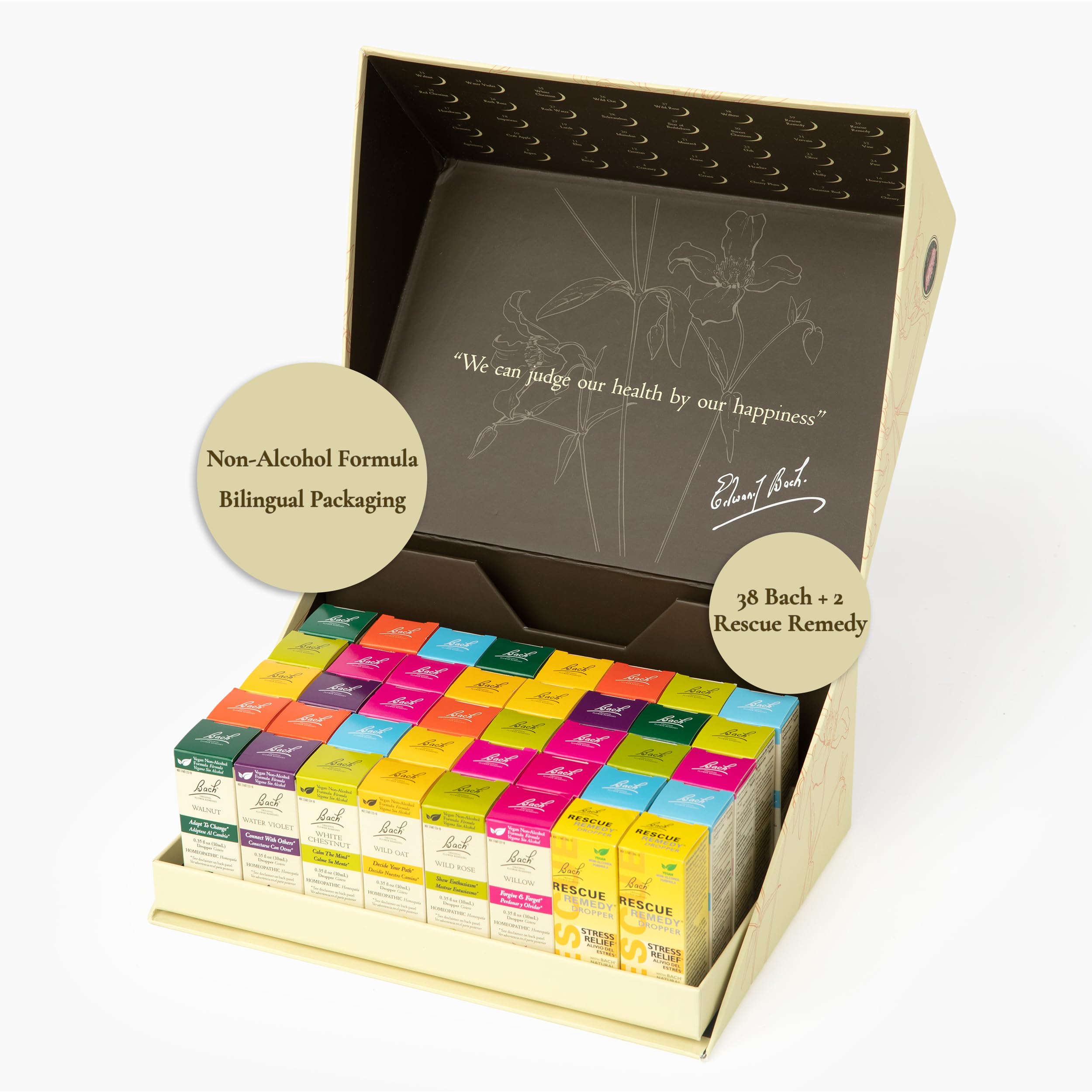 Bach Original Flower Remedies full set box shown, supports emotional balance.