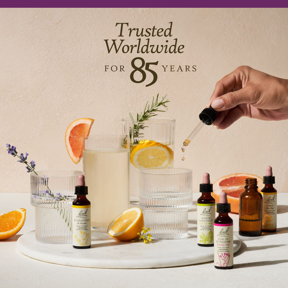 Flat lay with Impatiens bottle under soft natural light