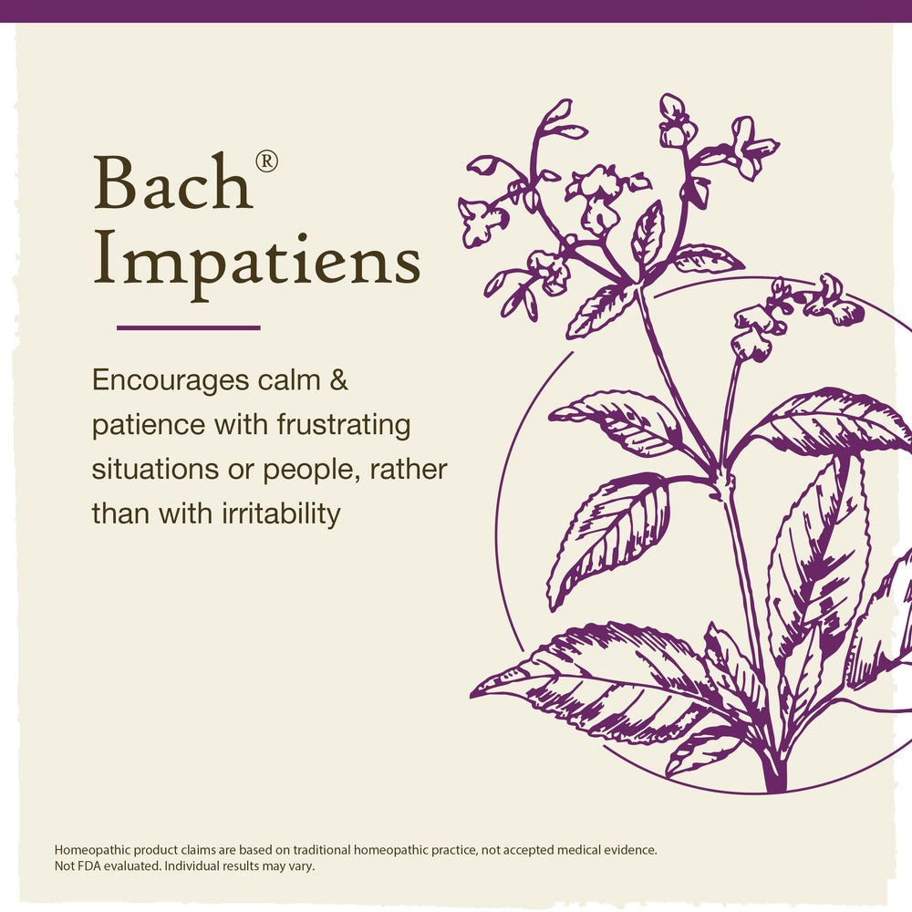 Front label of Bach Impatiens shows natural approach to calm