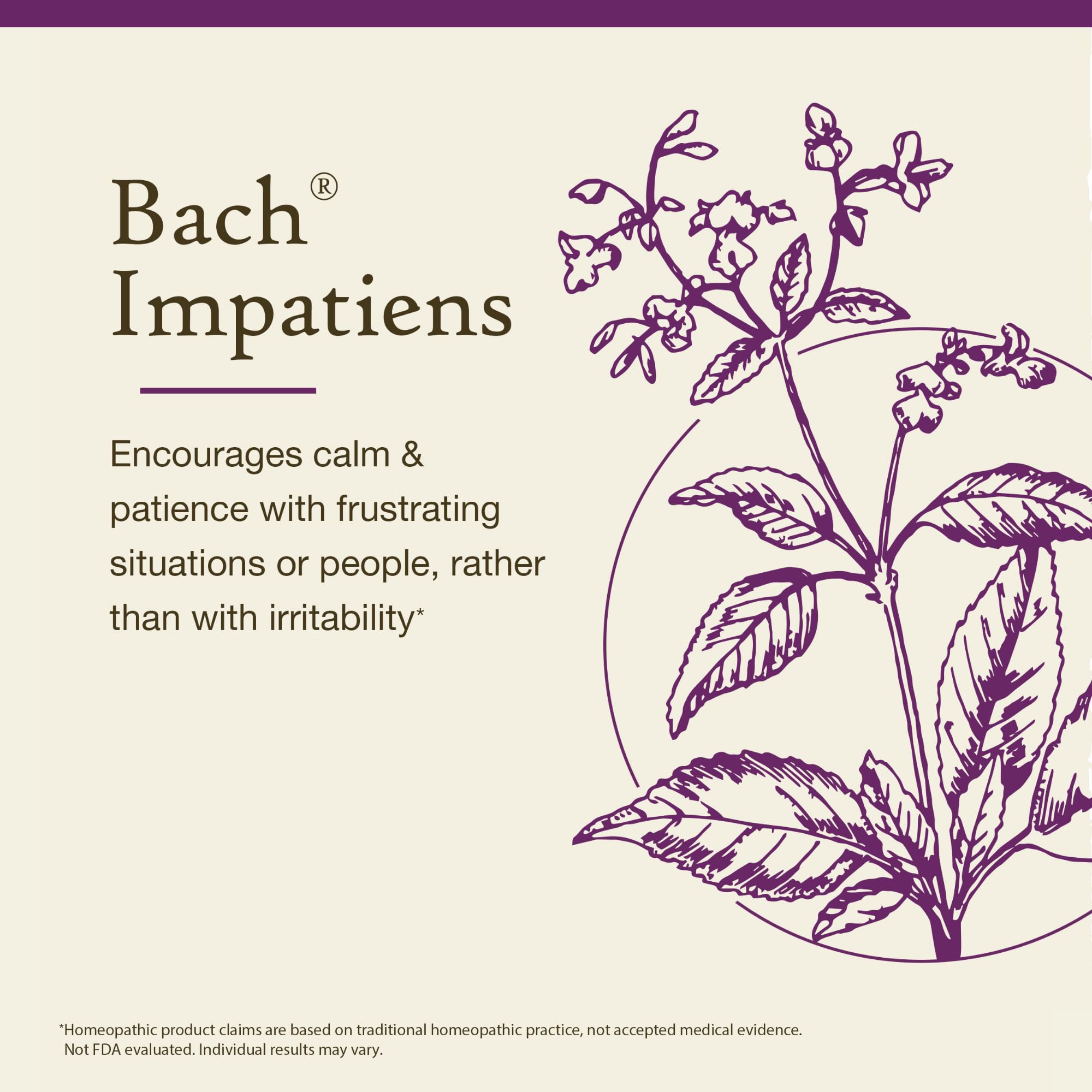 Close-up label on a Bach Impatiens bottle highlighting natural balance.