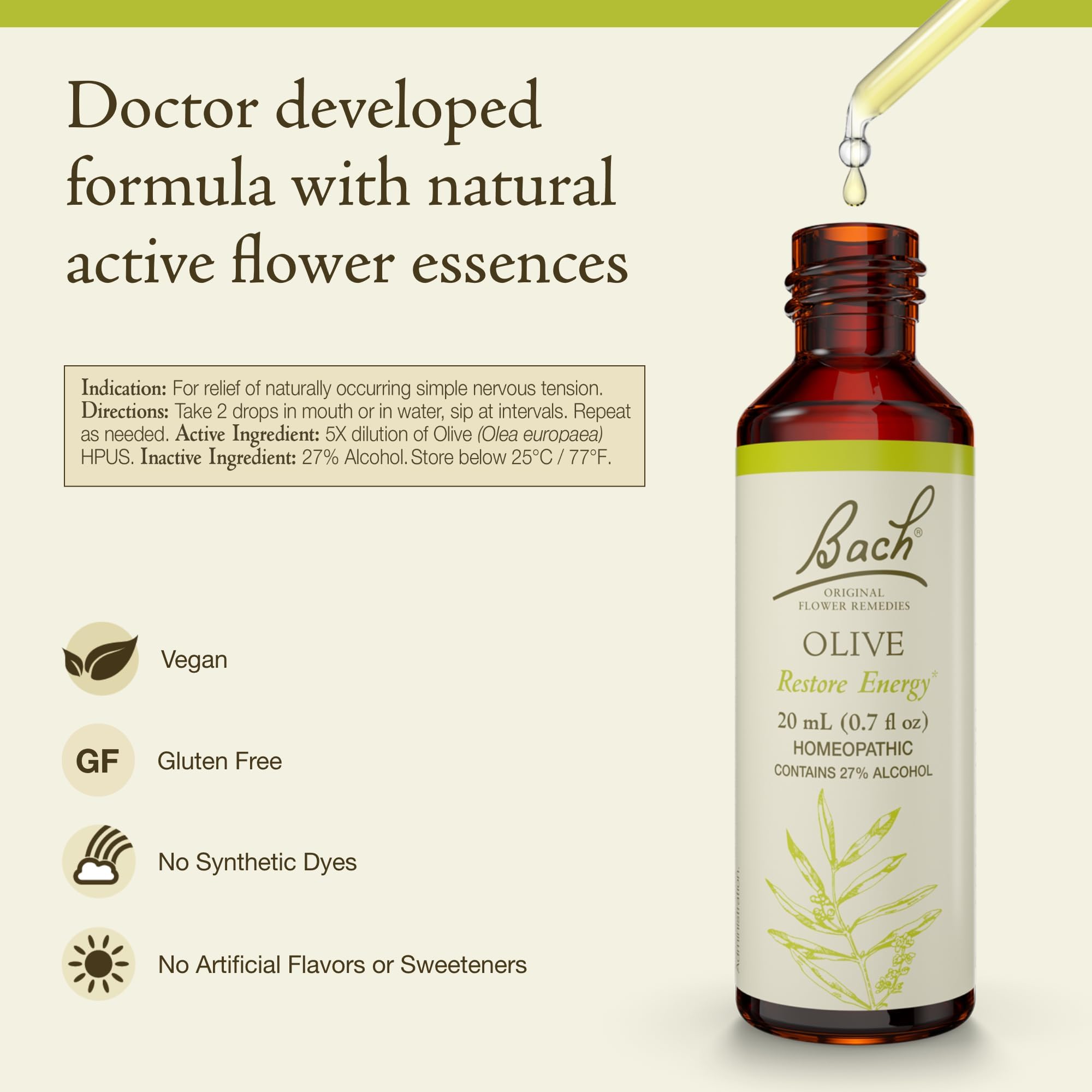 Bach Olive dropper enables precise dosing for revitalization.