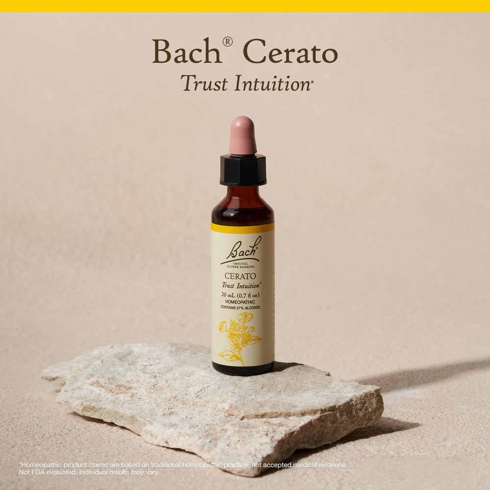 Packaging of Bach Original Flower Remedies highlighting vegan, gluten-free, sugar-free ingredients.