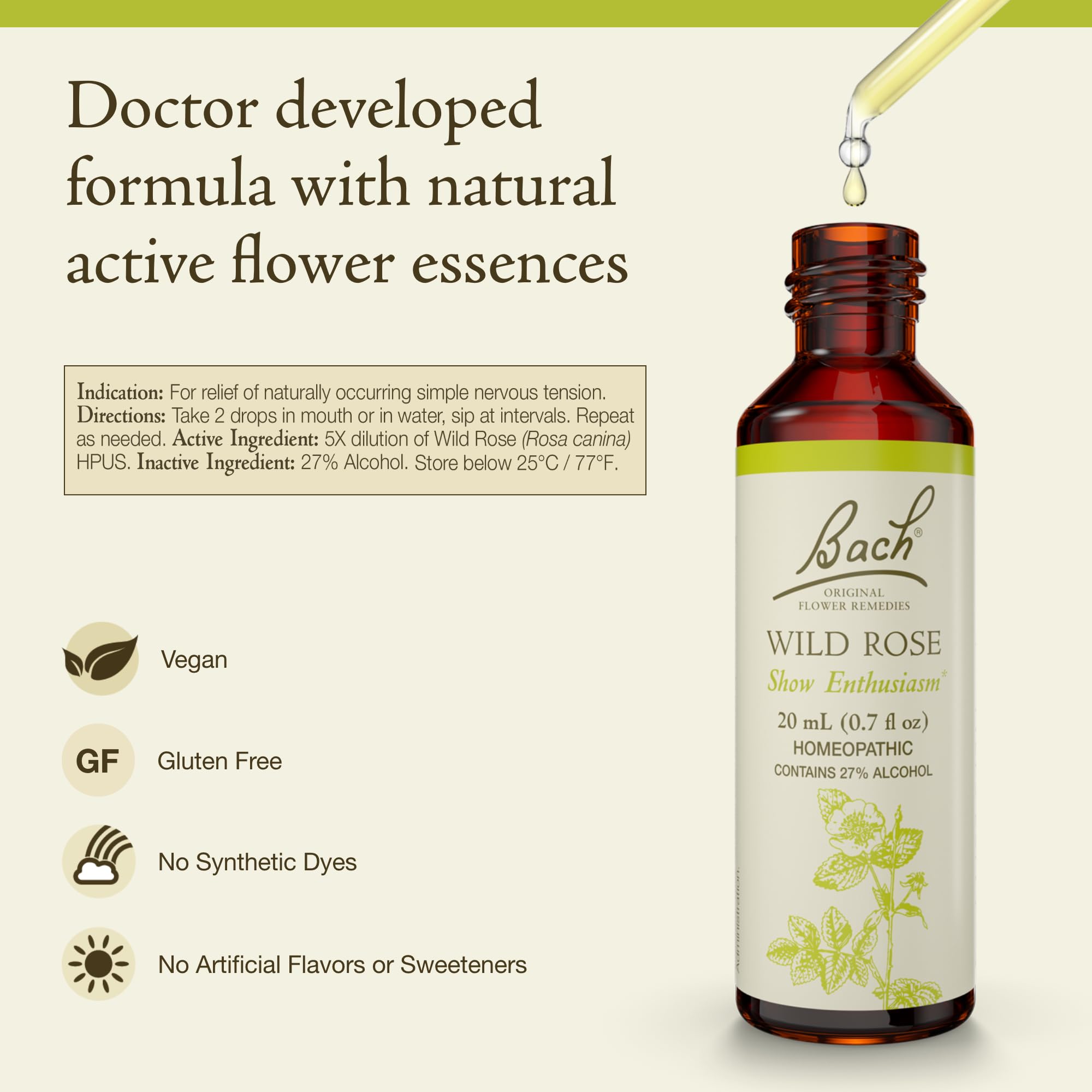 Bach Original Flower Remedies Wild Rose dropper enables precise, gentle dosing.