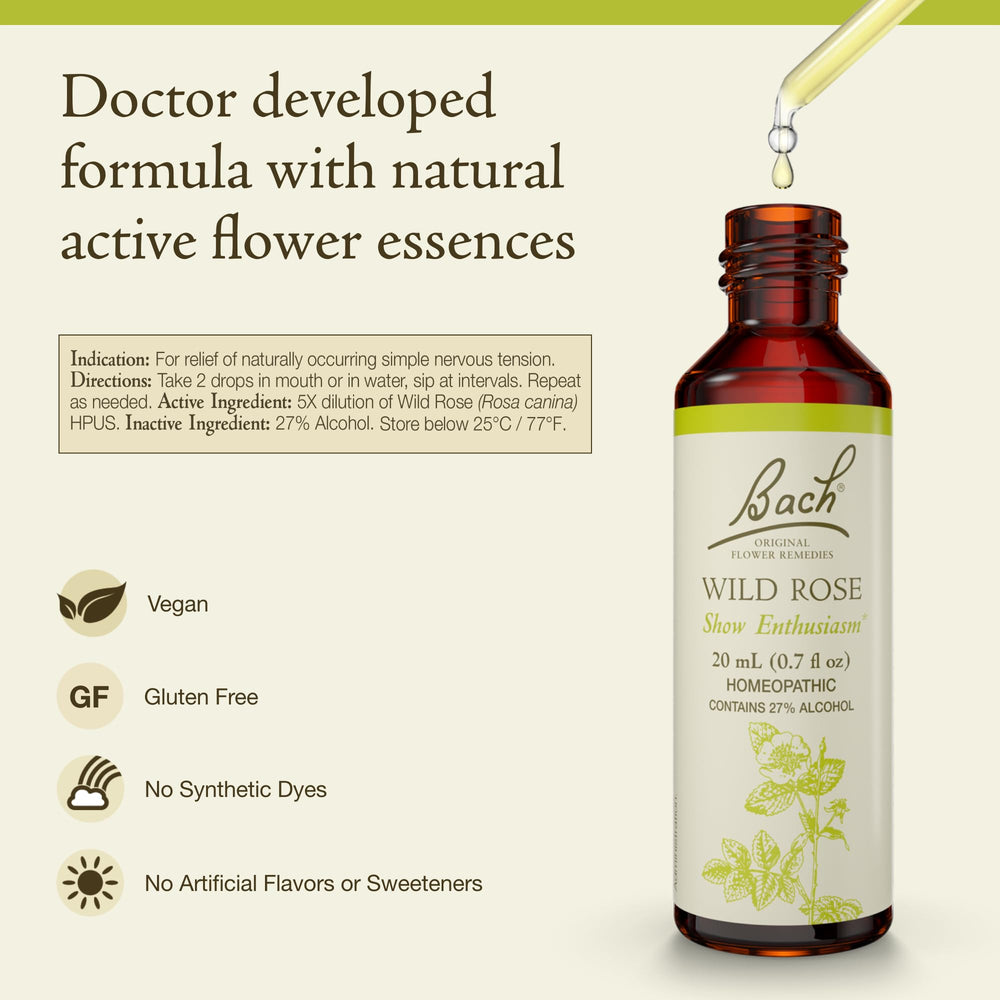 Bach Original Flower Remedies Wild Rose dropper enables precise, gentle dosing.
