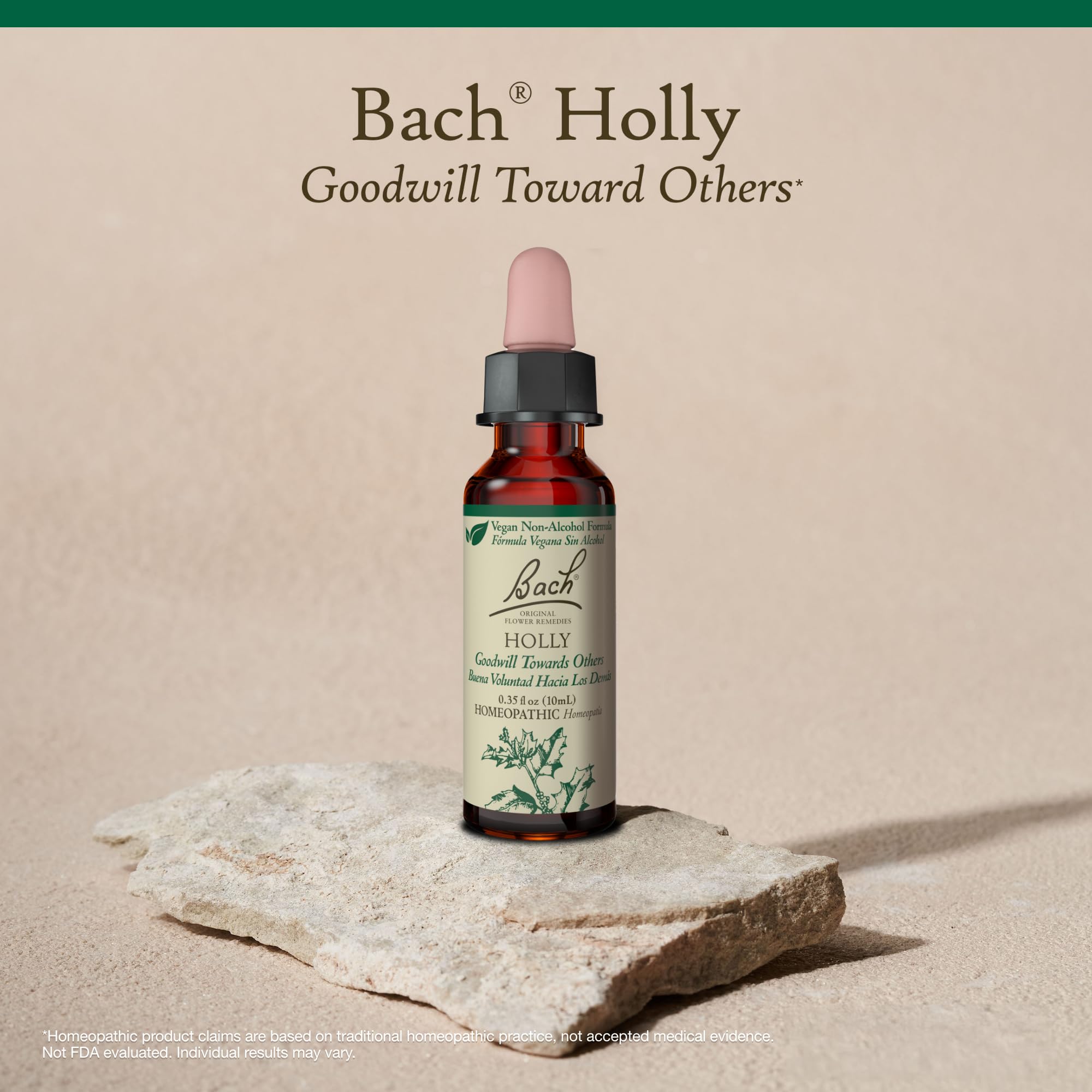 Close-up of Holly remedy bottle conveys calm energy