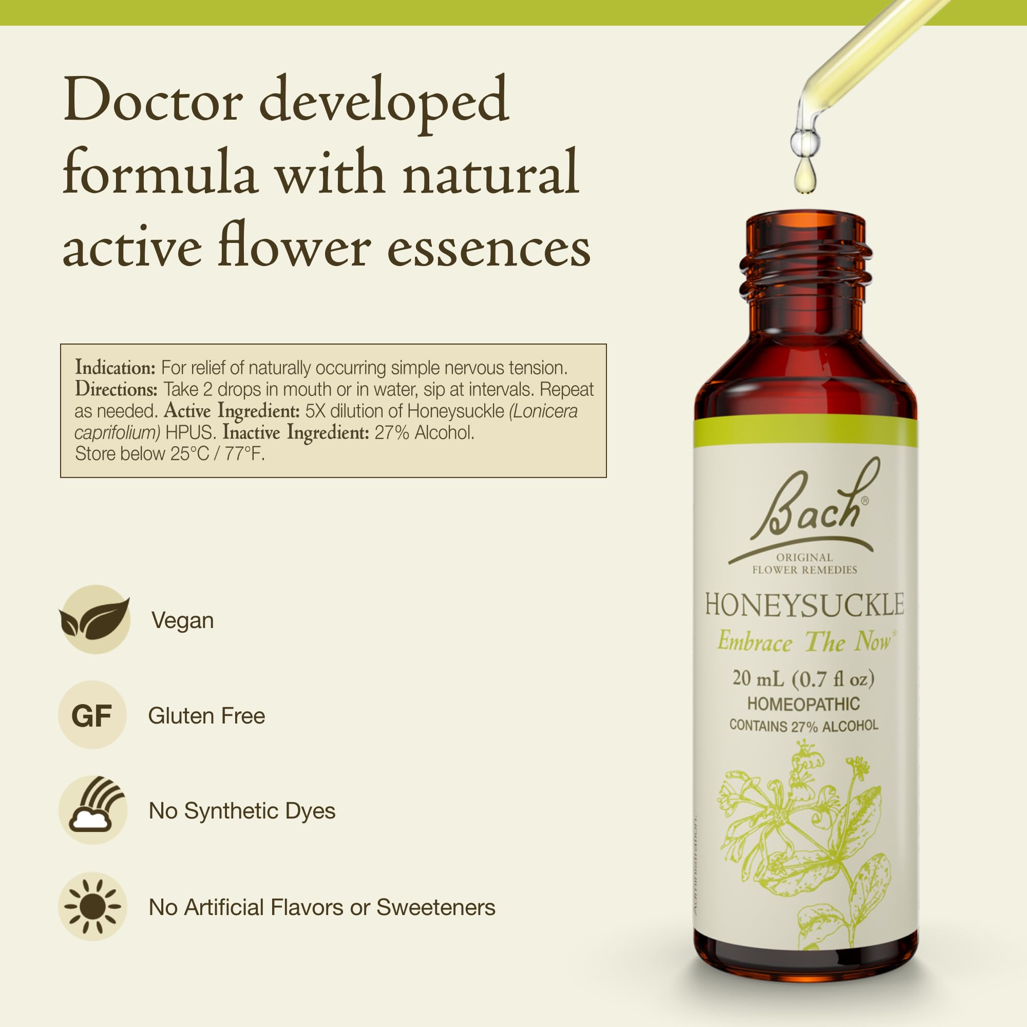 Close-up of dropper with Honeysuckle remedy for easy daily use