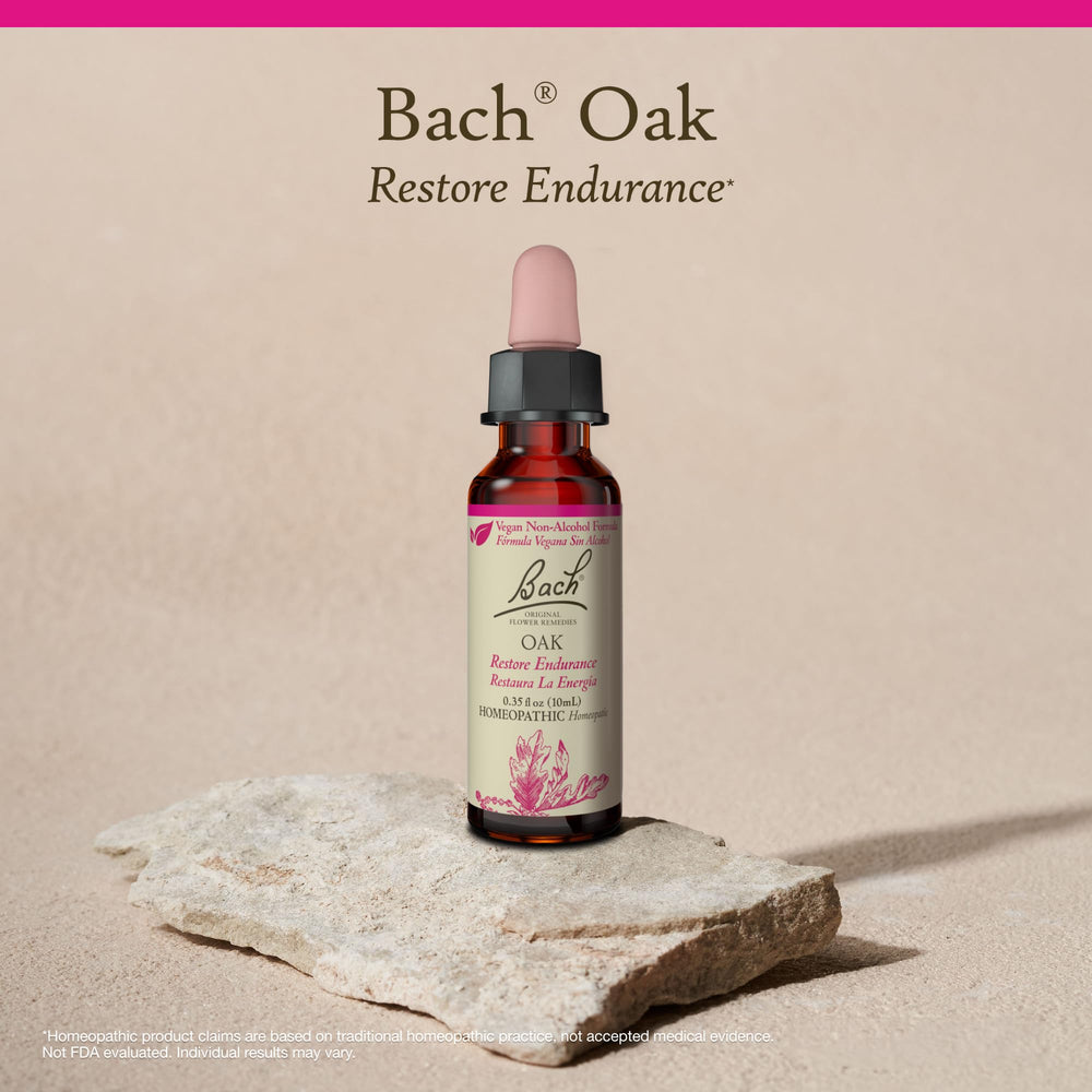 Bach Original Oak remedy bottle close-up emphasizes natural ingredients and non-alcohol formula.