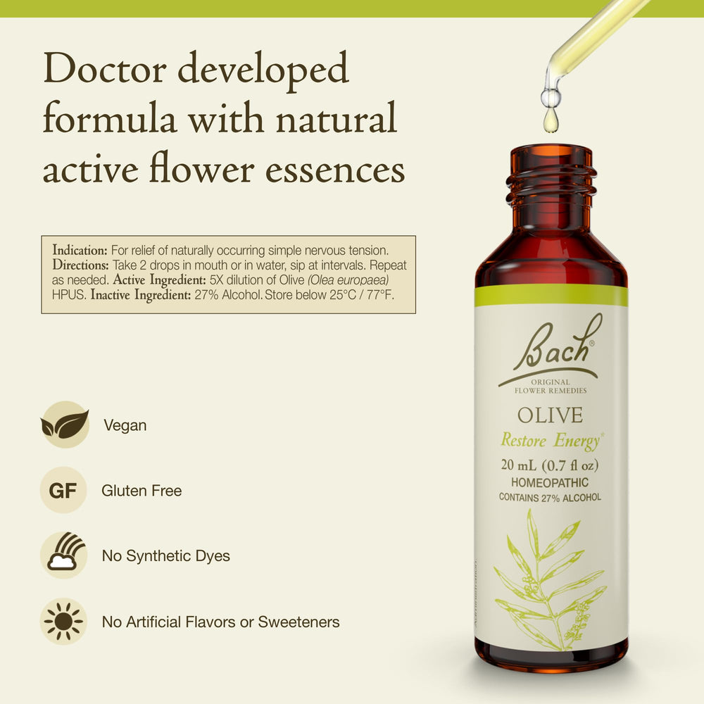 Bach Original Olive dropper dispense shows convenient dosing to support daily energy.