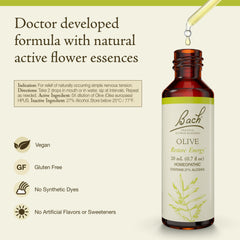 Bach Original Olive dropper dispense shows convenient dosing to support daily energy.