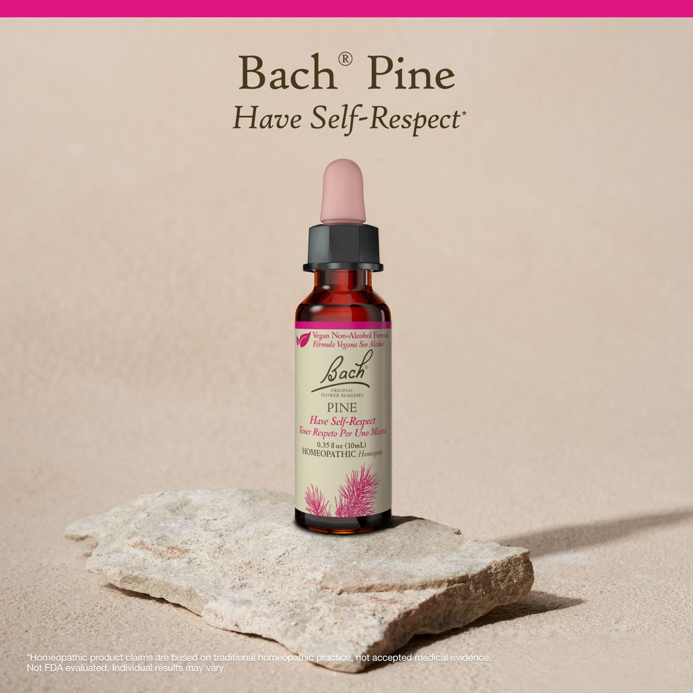 Bach Pine bottle on wooden surface signals a natural self-care ritual