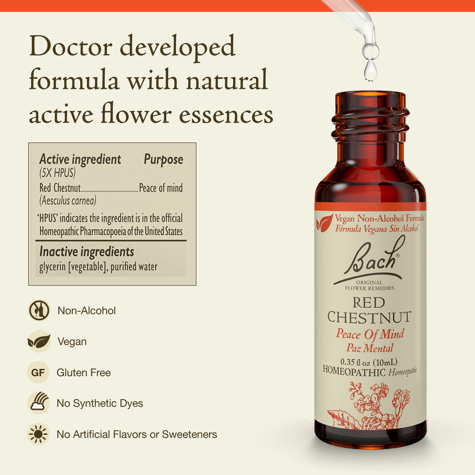 Bach Red Chestnut dropper shows non-alcohol formula for emotional balance.