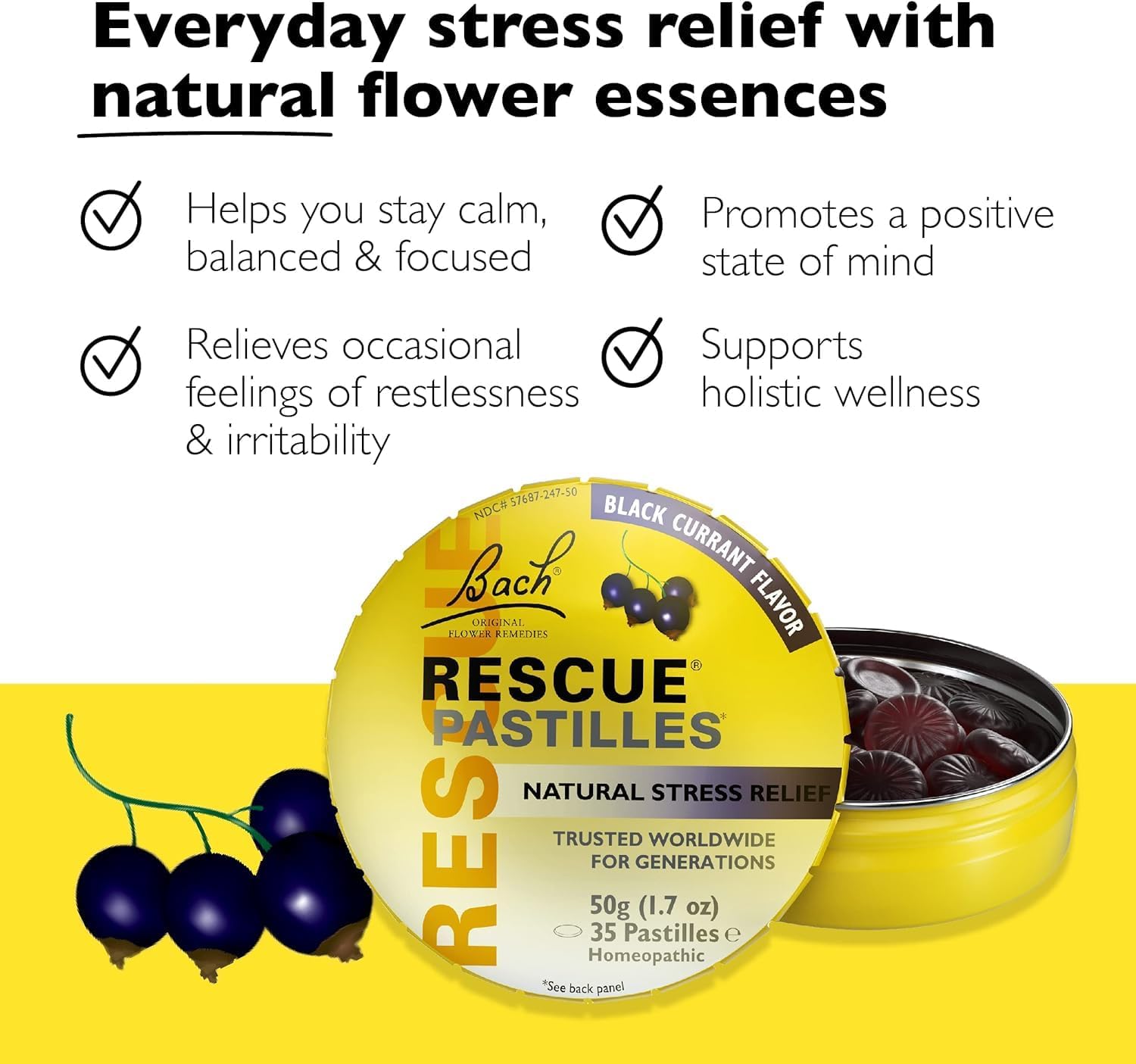 Close-up of Bach RESCUE Pastilles showing fruity black currant flavor.