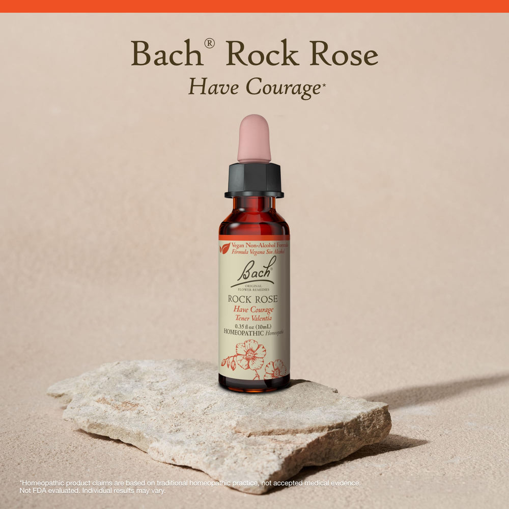 Bach Rock Rose non-alcohol formula label communicates vegan, sugar-free daily use.