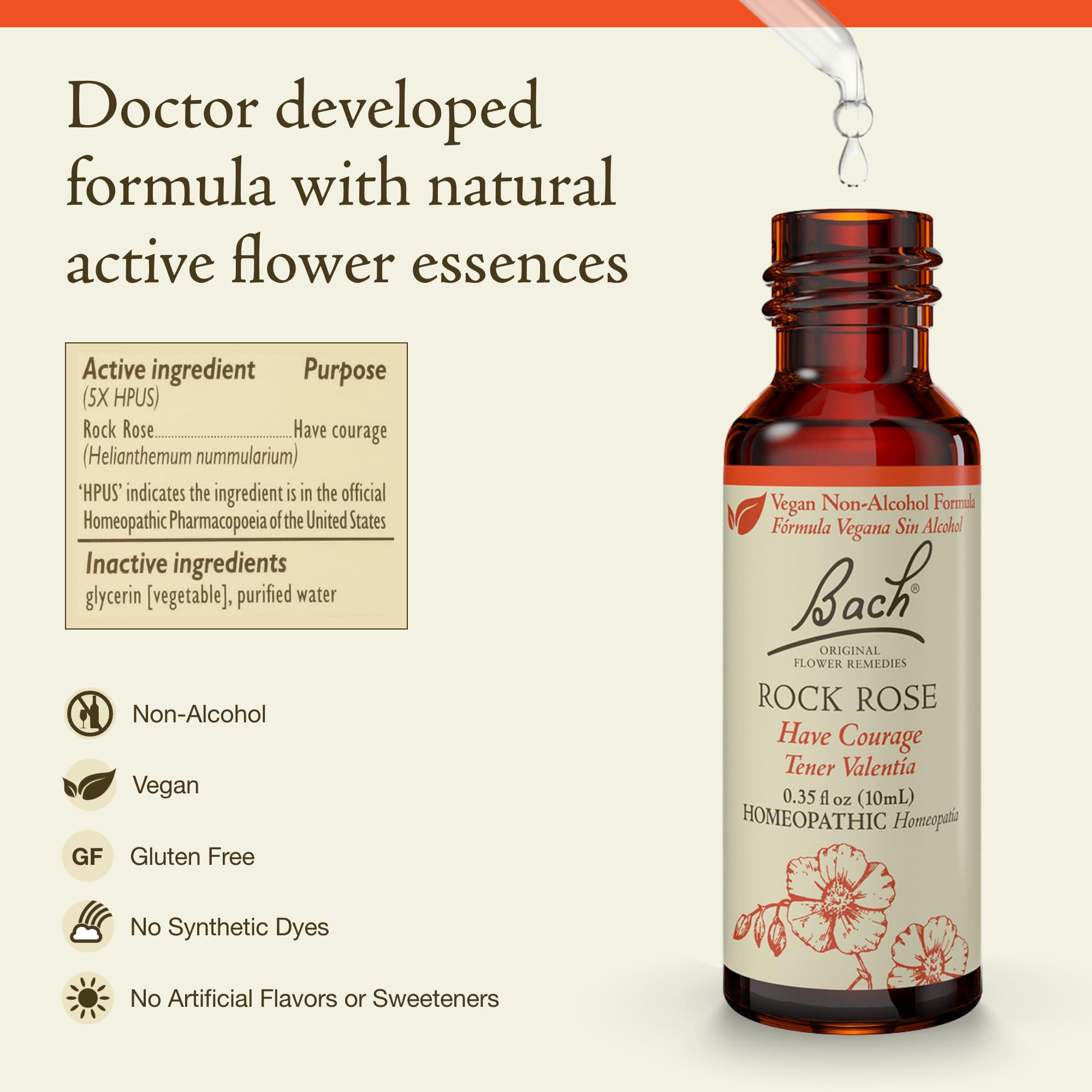 Bach Rock Rose remedy dropper enables quick under-tongue use for courage.