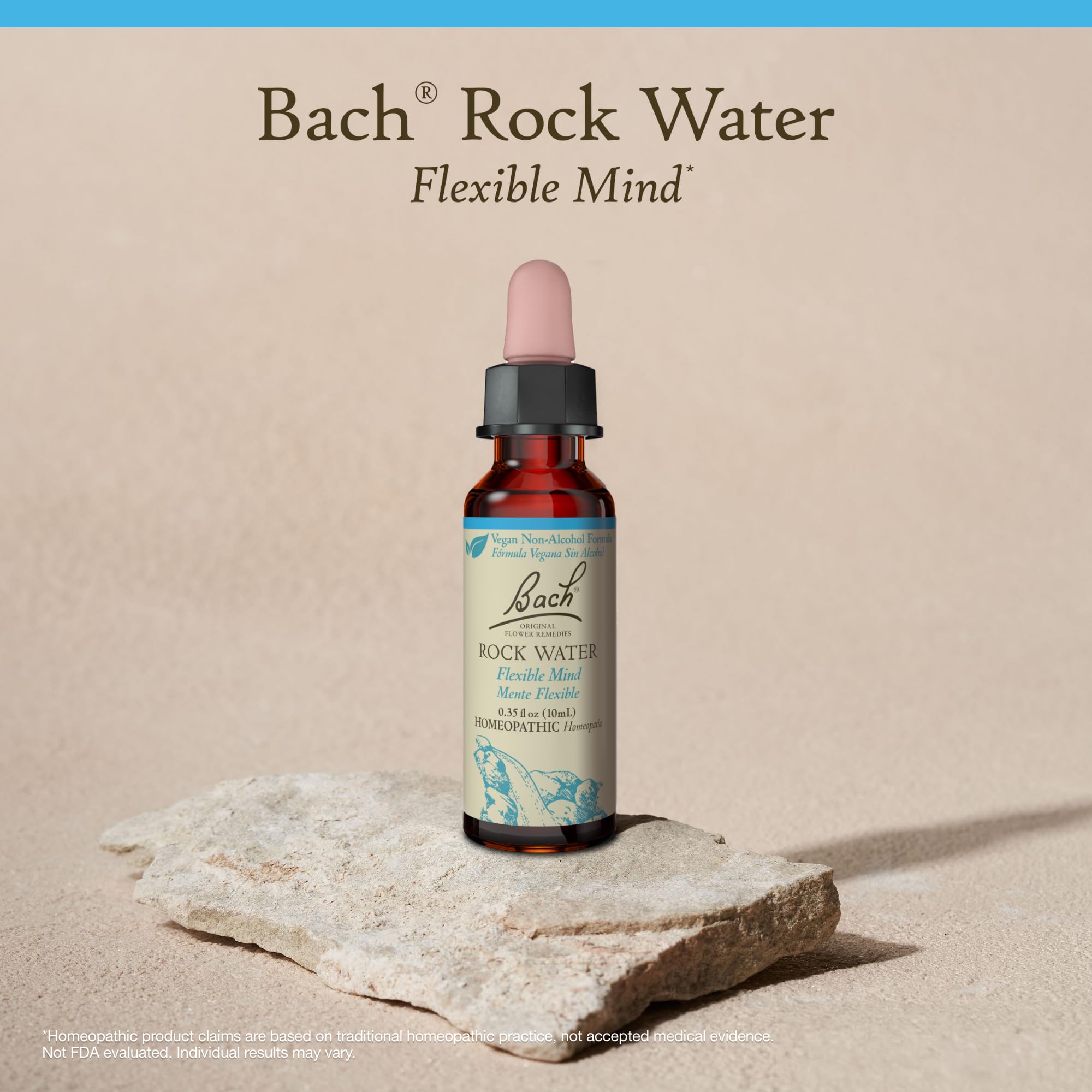 Bach Rock Water glass bottle with eco packaging emphasizes natural, plant-based relief