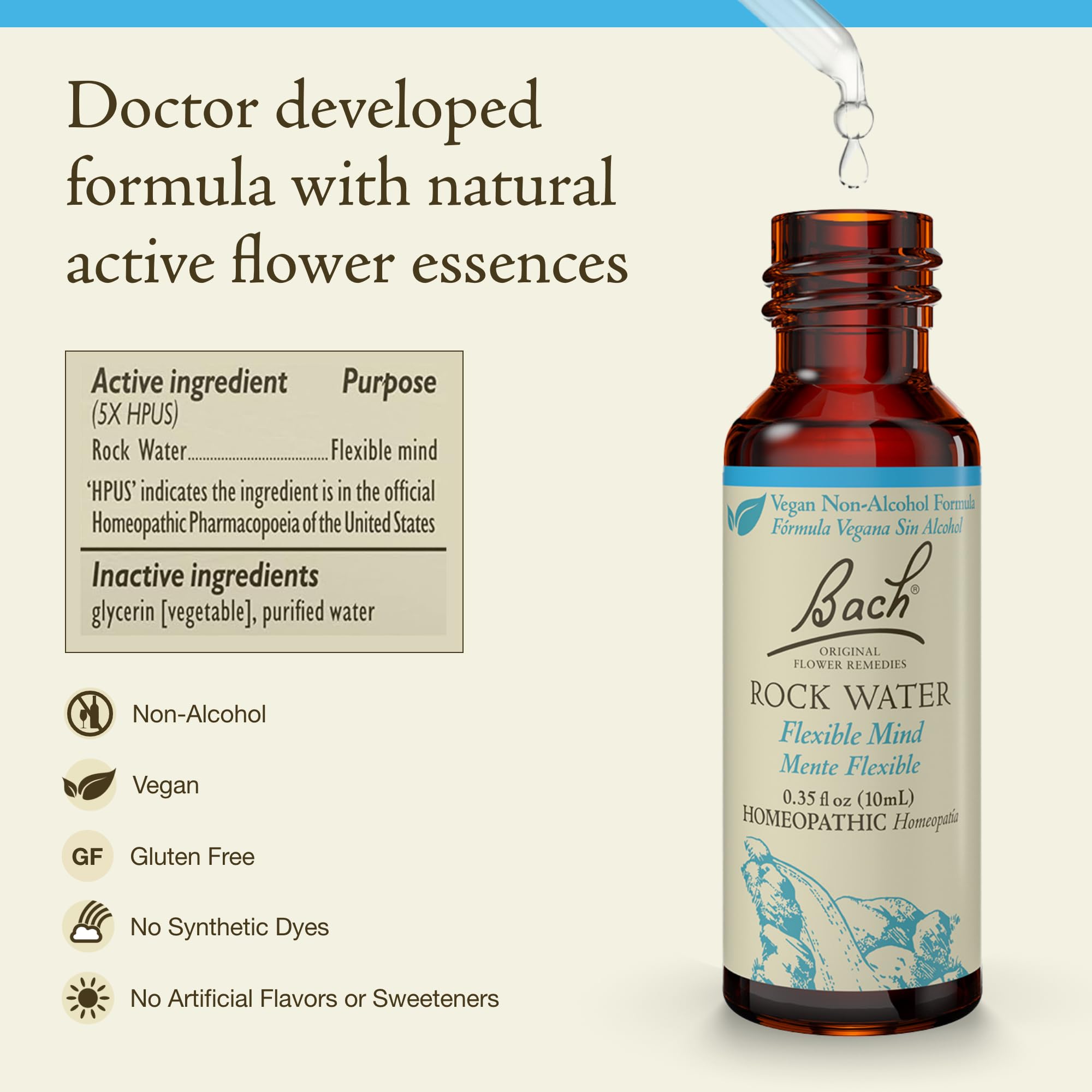 Bach Rock Water label closeup highlighting vegan, non-alcohol formula
