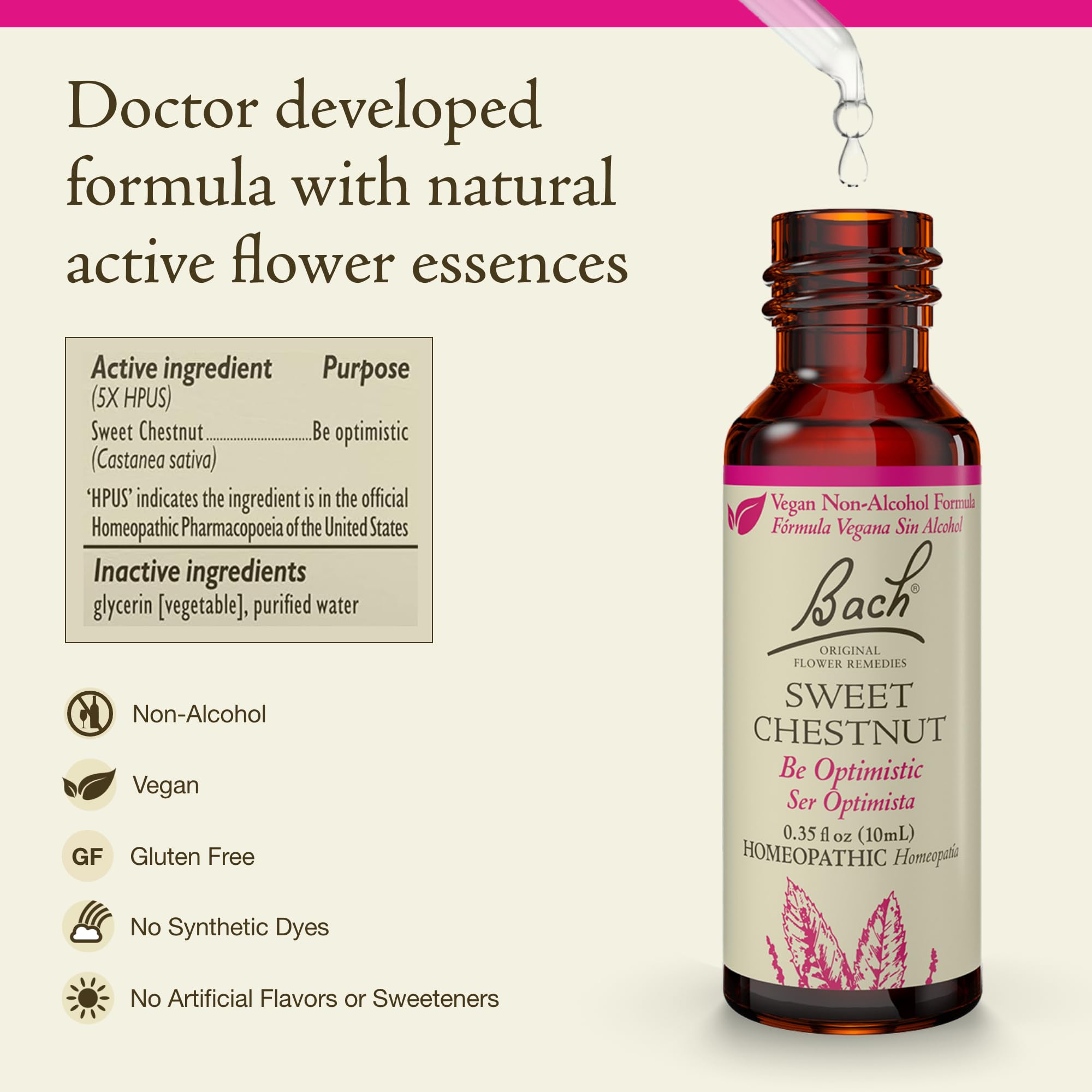 Close-up of Bach Sweet Chestnut label showing vegan formula.