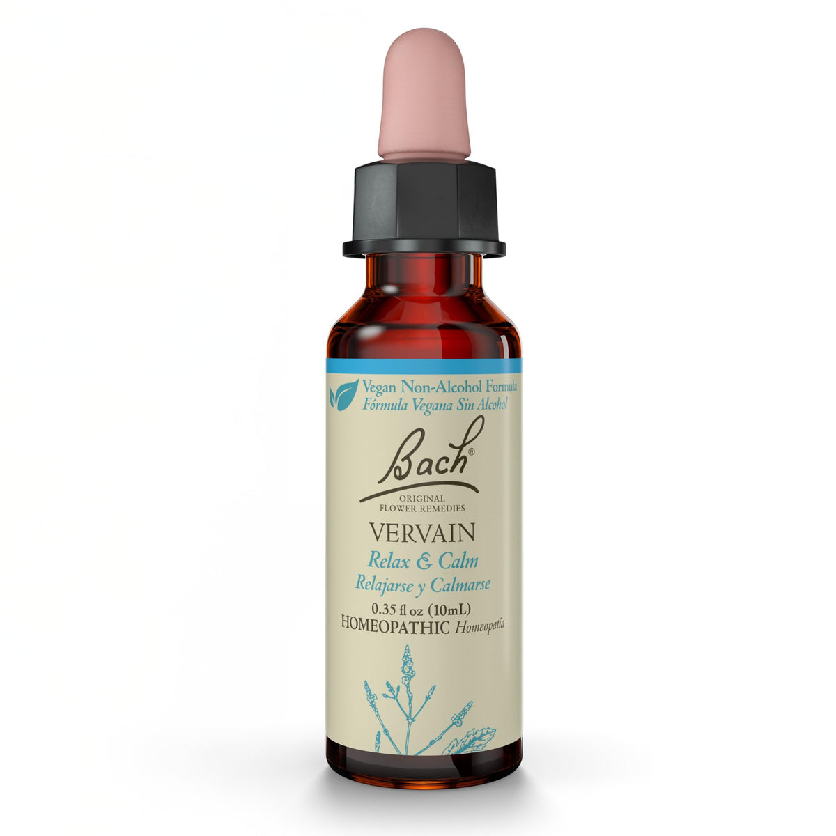 Bach Vervain bottle pour showing non-alcohol formula for gentle emotional balance.