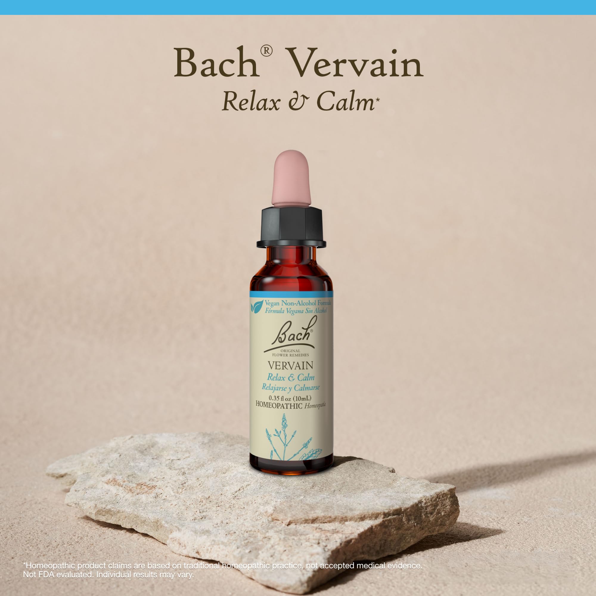 Bach Vervain glass bottle, vegan and gluten-free, sugar-free formula.
