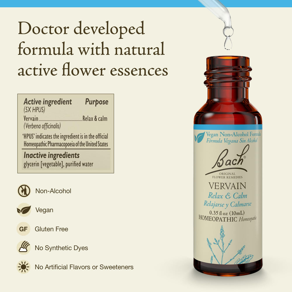 Bach Vervain label closeup highlighting vegan and gluten-free remedy features.