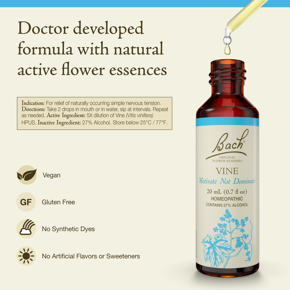 Bach Vine dropper bottle ready for easy emotional balance routine.