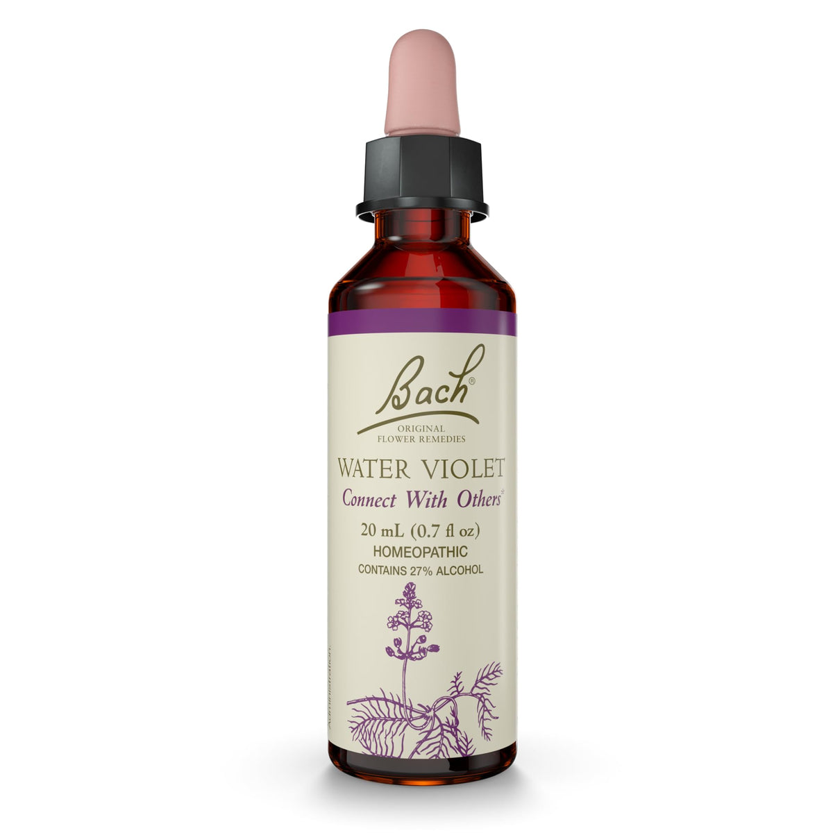 Bach Water Violet bottle with dropper for easy, calm social connection.