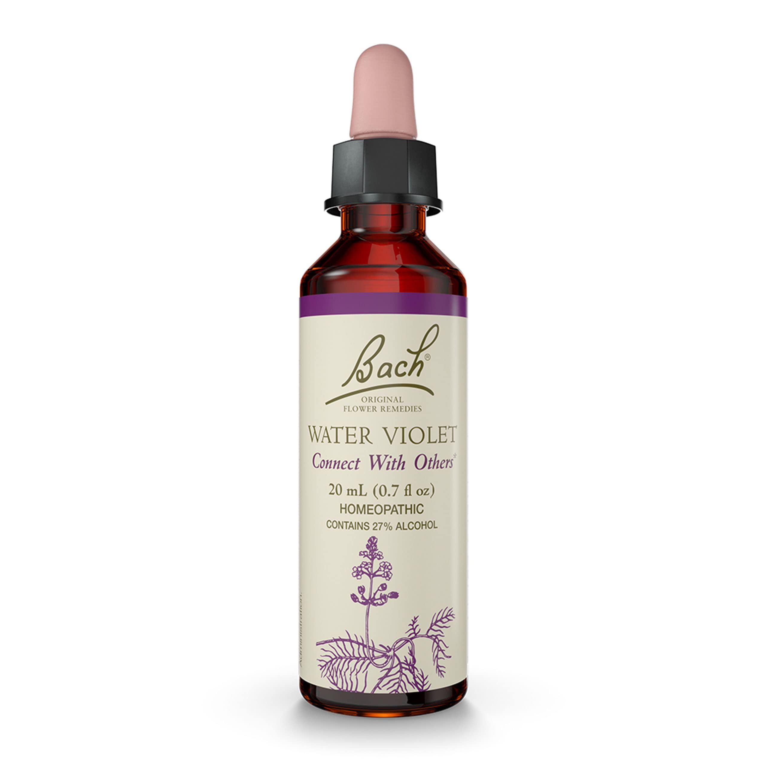 Bach Water Violet bottle closeup aids calmer social interactions.