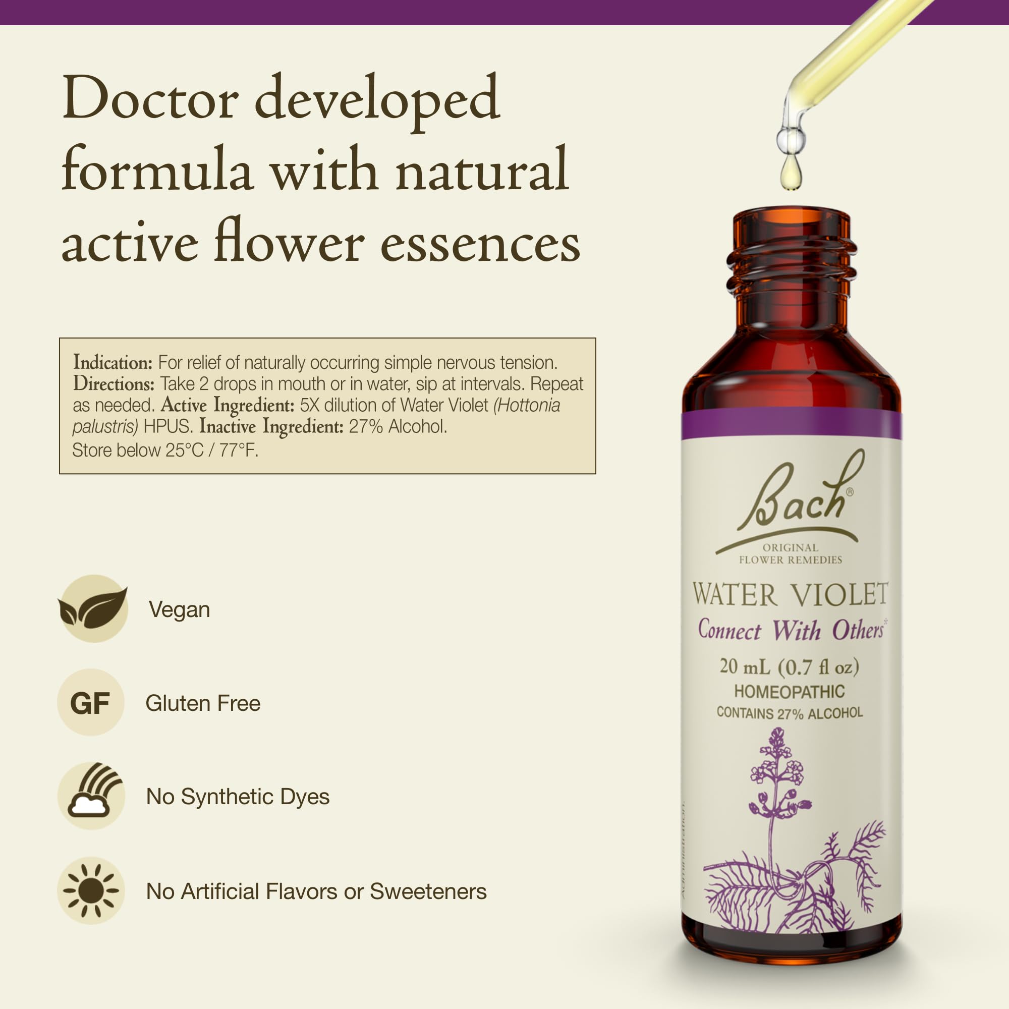 Bach Water Violet drops under tongue for gentle personal use.