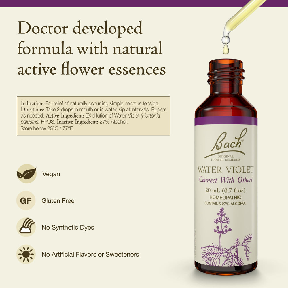 Bach Water Violet drops under tongue for gentle personal use.