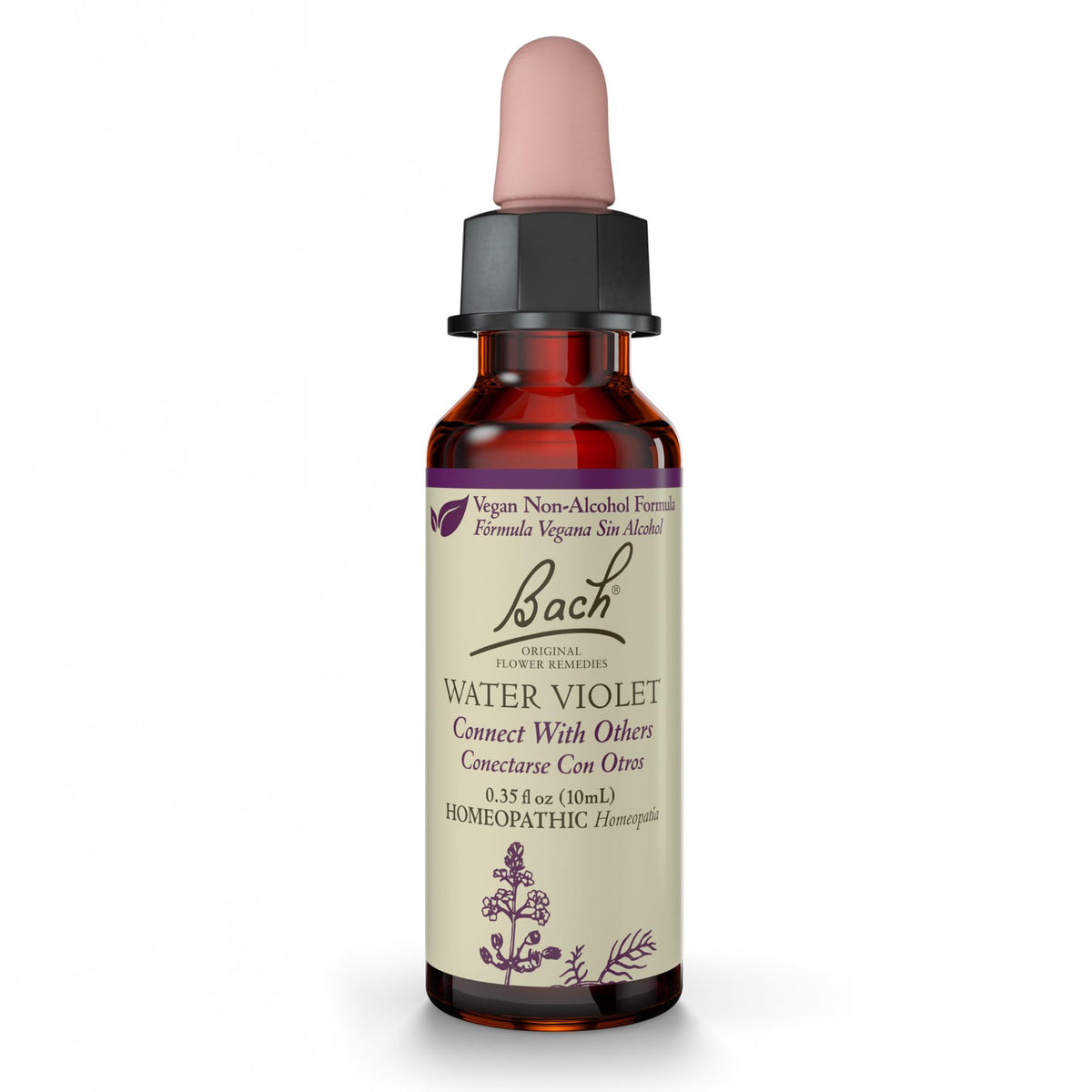 Bach Water Violet non-alcohol bottle for vegan formula and social balance.