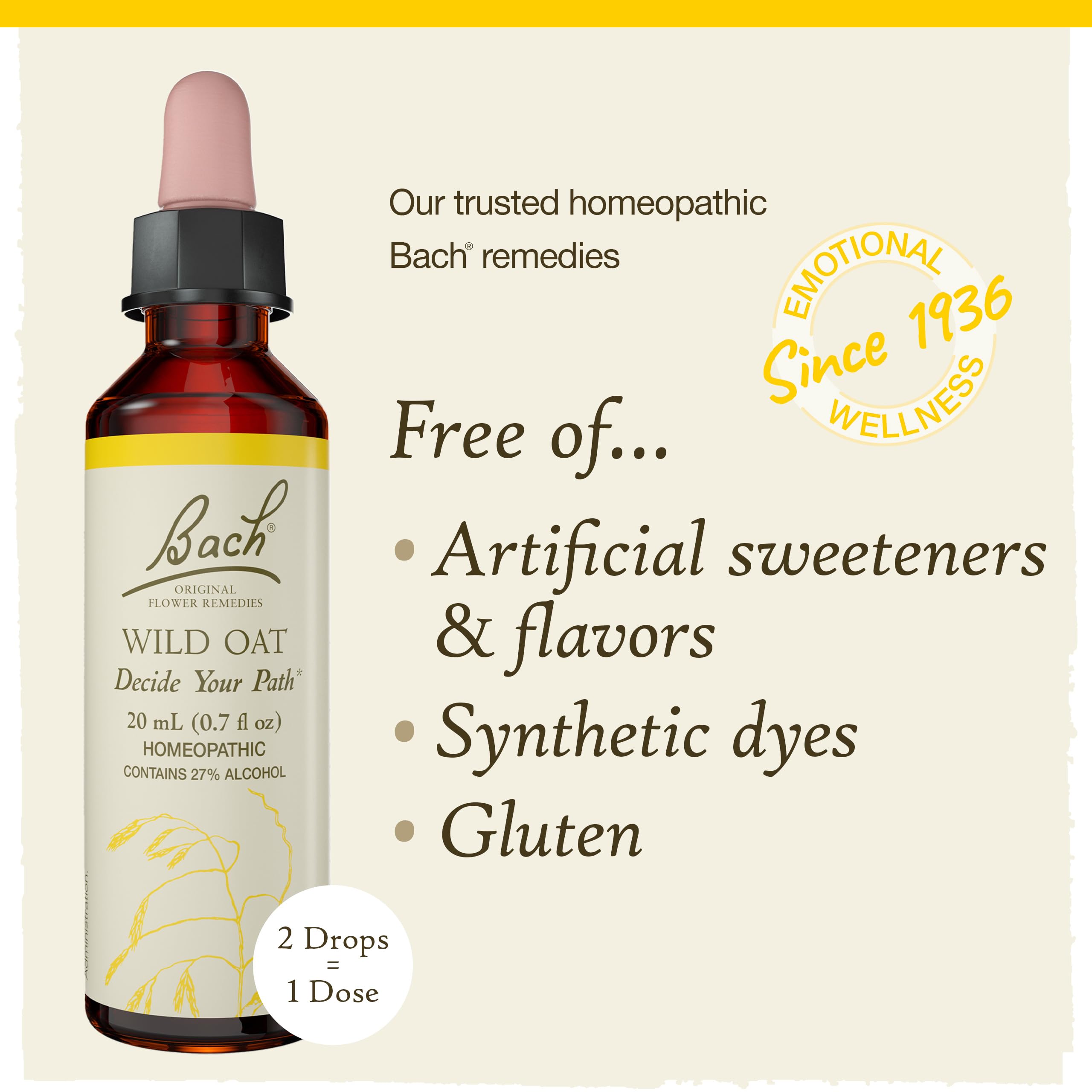 Bach Wild Oat ingredients highlight flower essences for daily balance.