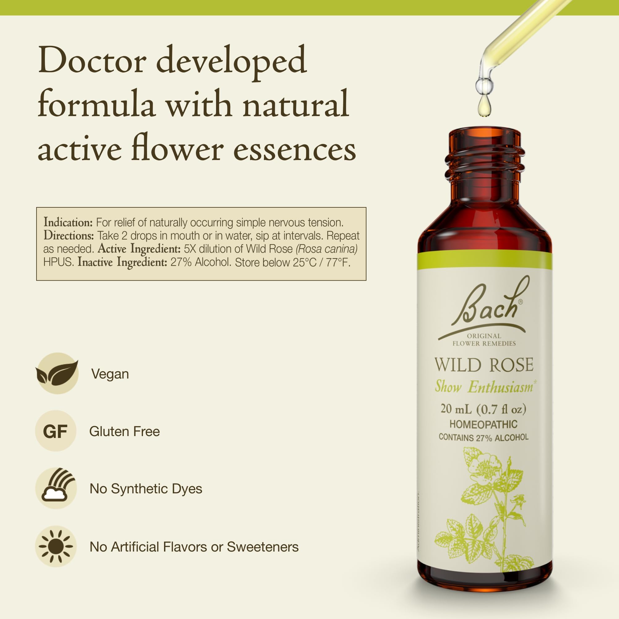 Bach Wild Rose remedy vial highlights natural ingredients for daily mood support.