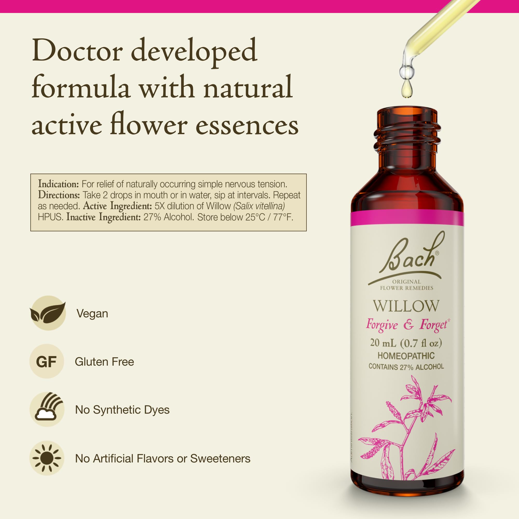 Bach Willow dropper in use for easy, measured emotional support.