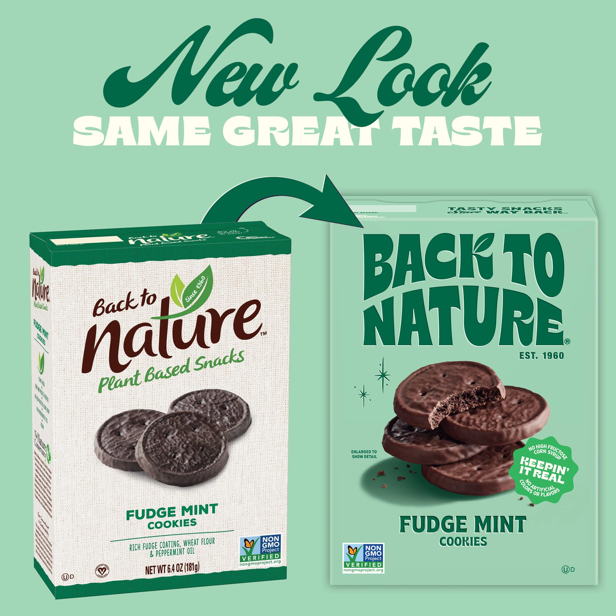 Back to Nature Fudge Mint Cookies label non GMO kosher highlights.