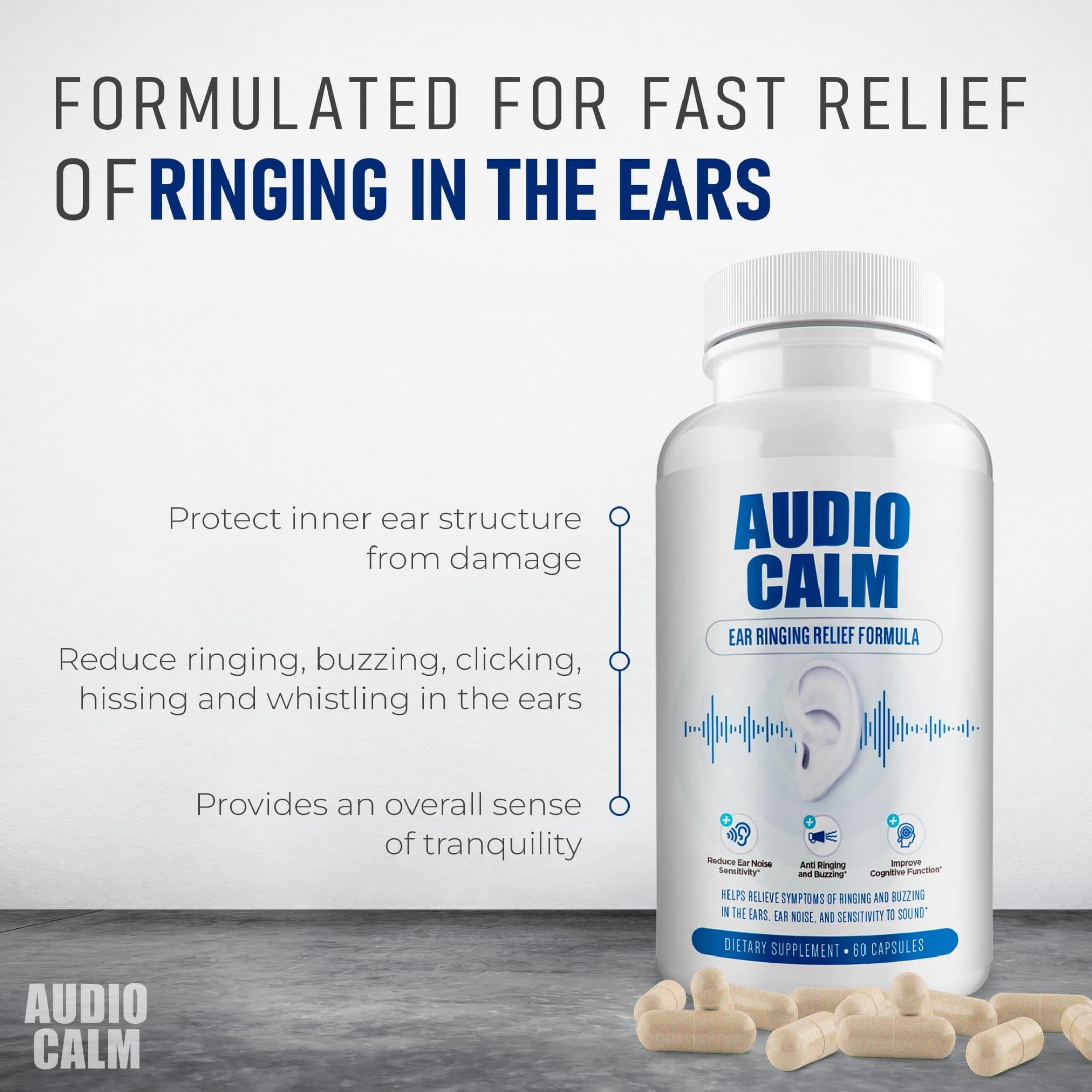 BACTICURE Audio Calm bottle closeup - capsules designed for ear health