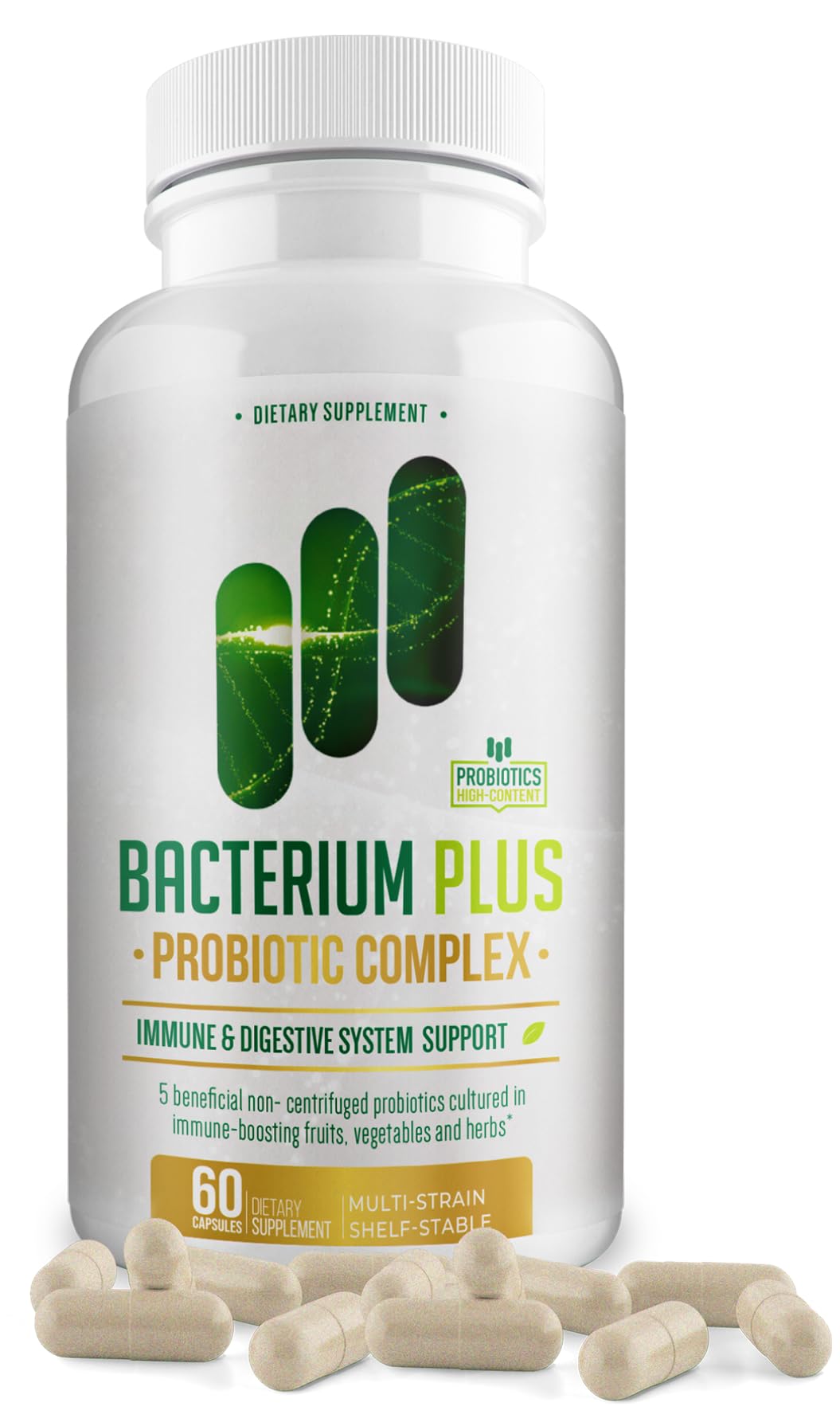 BACTICURE Bacterium Plus bottle-front showing natural digestive balance in a vegetarian capsule routine.