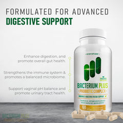 BACTICURE Bacterium Plus bottle-side illustrating easy daily supplementation for general well-being.