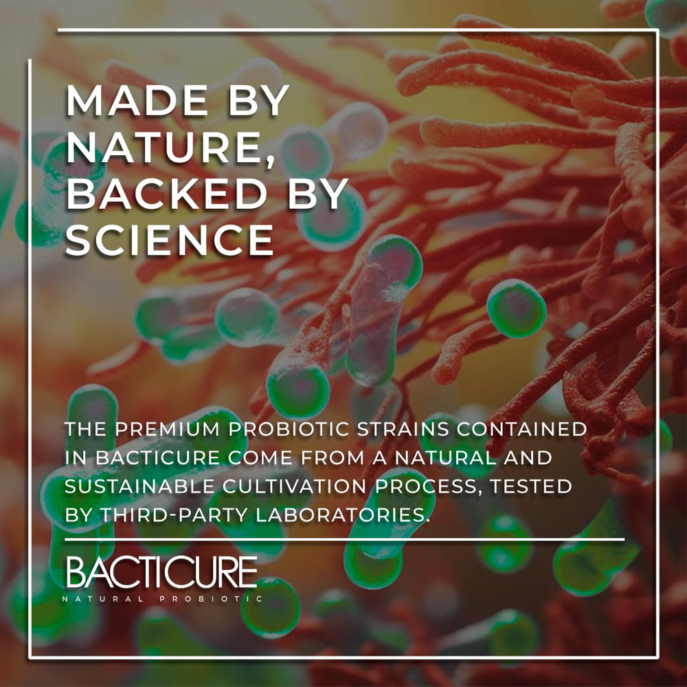 Bacterium Plus Bacticure Probiotic label closeup showcases premium ingredients and potency.