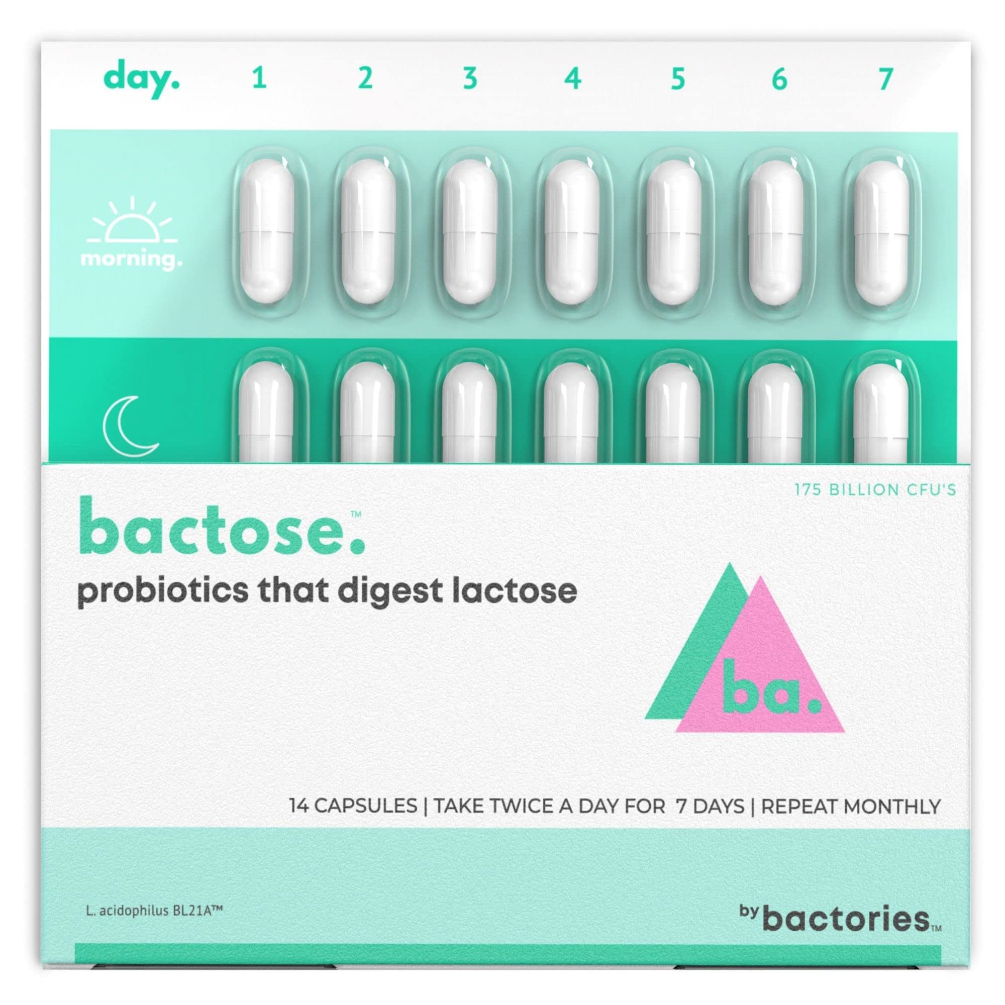 BACTOSE probiotic lactose pills bottle highlights lactose digestion support for dairy lovers.