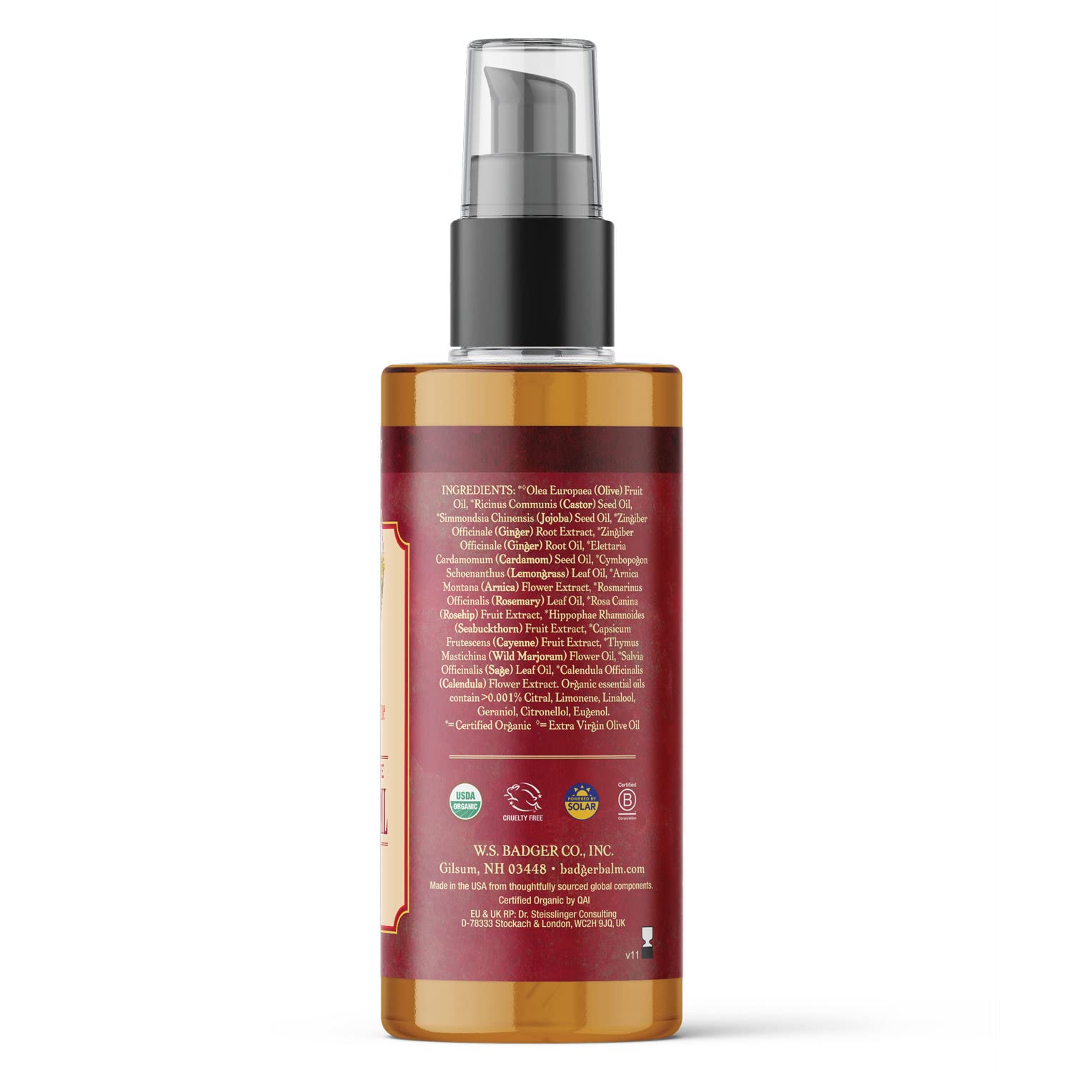 Badger Ginger Massage Oil label detail highlighting organic ingredients and warming aroma.