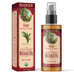 Badger Ginger Massage Oil warm swirl shows cayenne warmth for sore muscles.