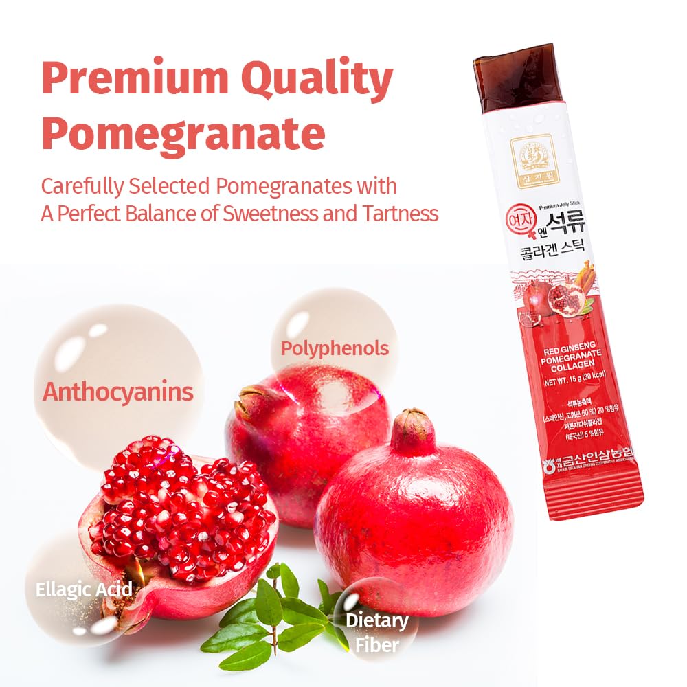 Ingredients close-up showing pomegranate concentrate and fish collagen peptide for routine use