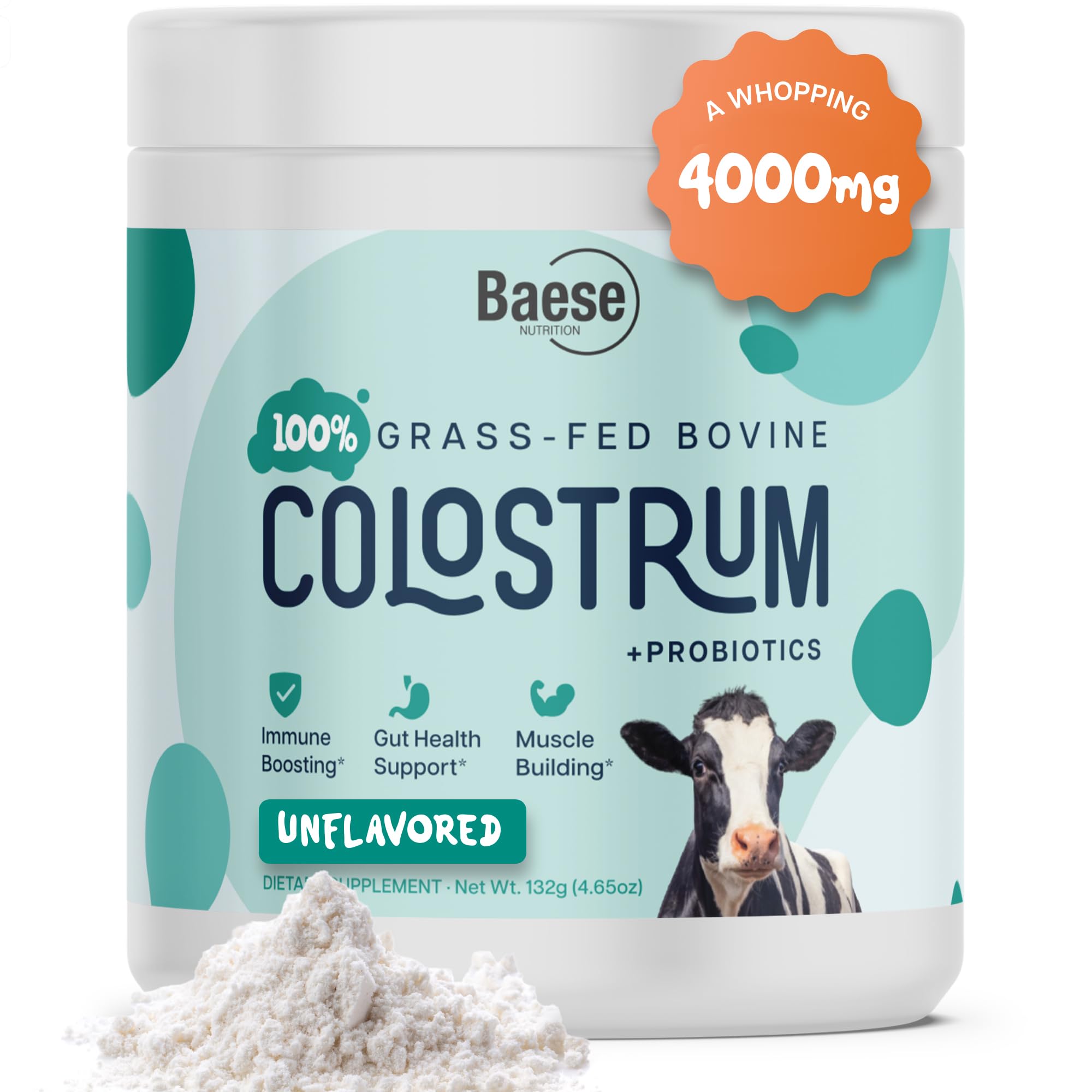 Baese Nutrition colostrum bottle showing 4000mg IgG for daily immune support.