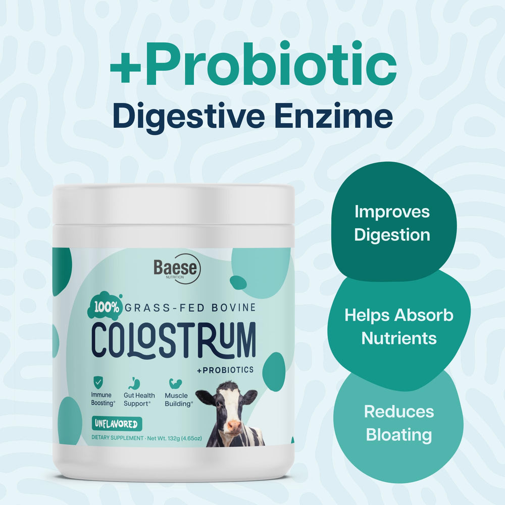 Baese Nutrition unflavored colostrum powder in a sealed tub.
