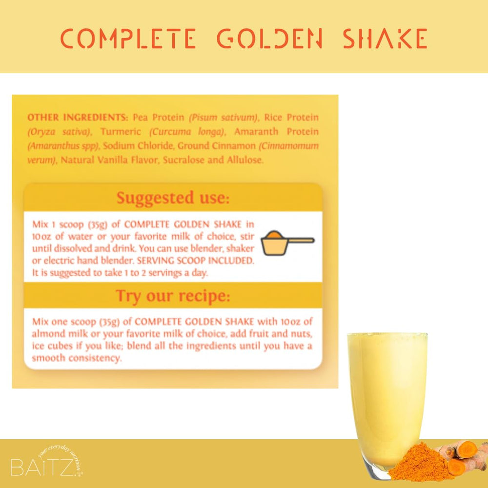 Baitz Complete Golden Shake icon set shows vegan, gluten-free, dairy-free attributes