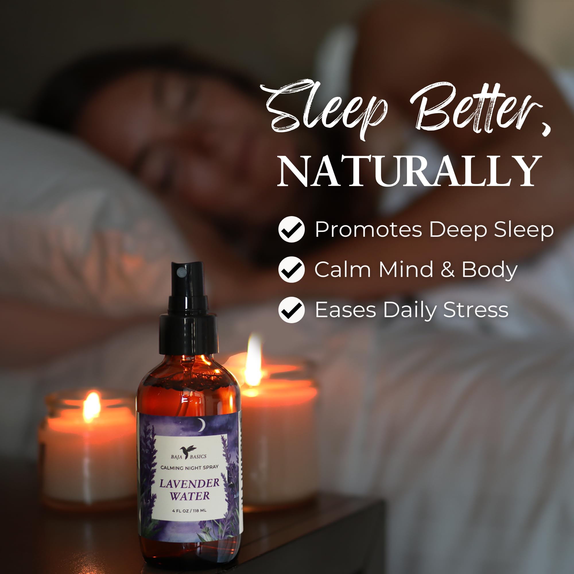 Baja Basics lavender pillow mist on sheets promotes easier sleep.